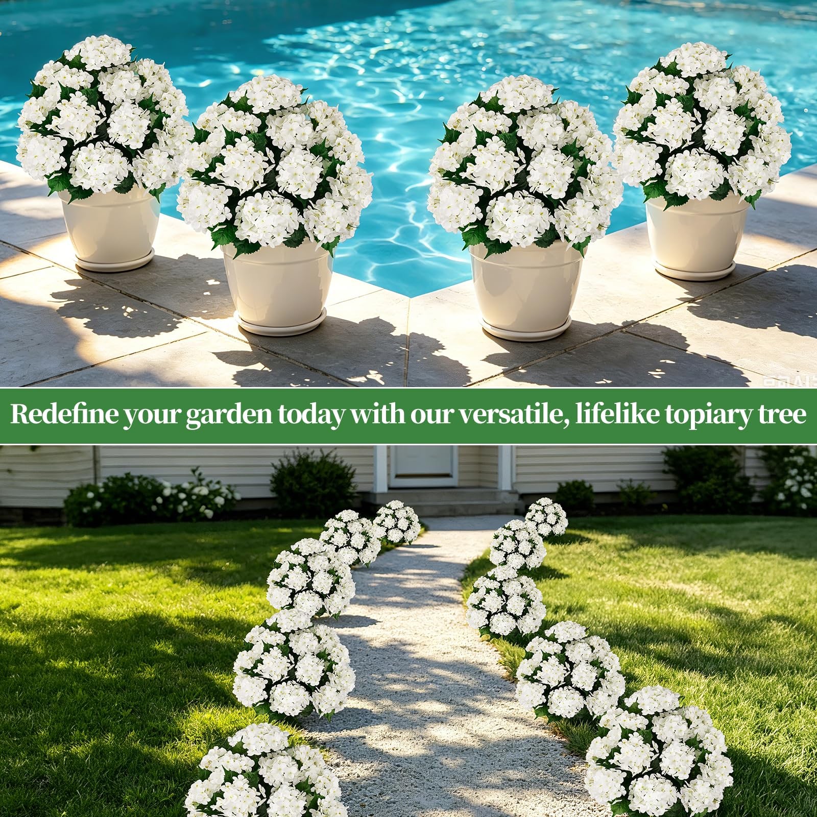 Artificial Topiary Ball Tree with White Hydrangea, Set of 2 UV Resistant Shru…