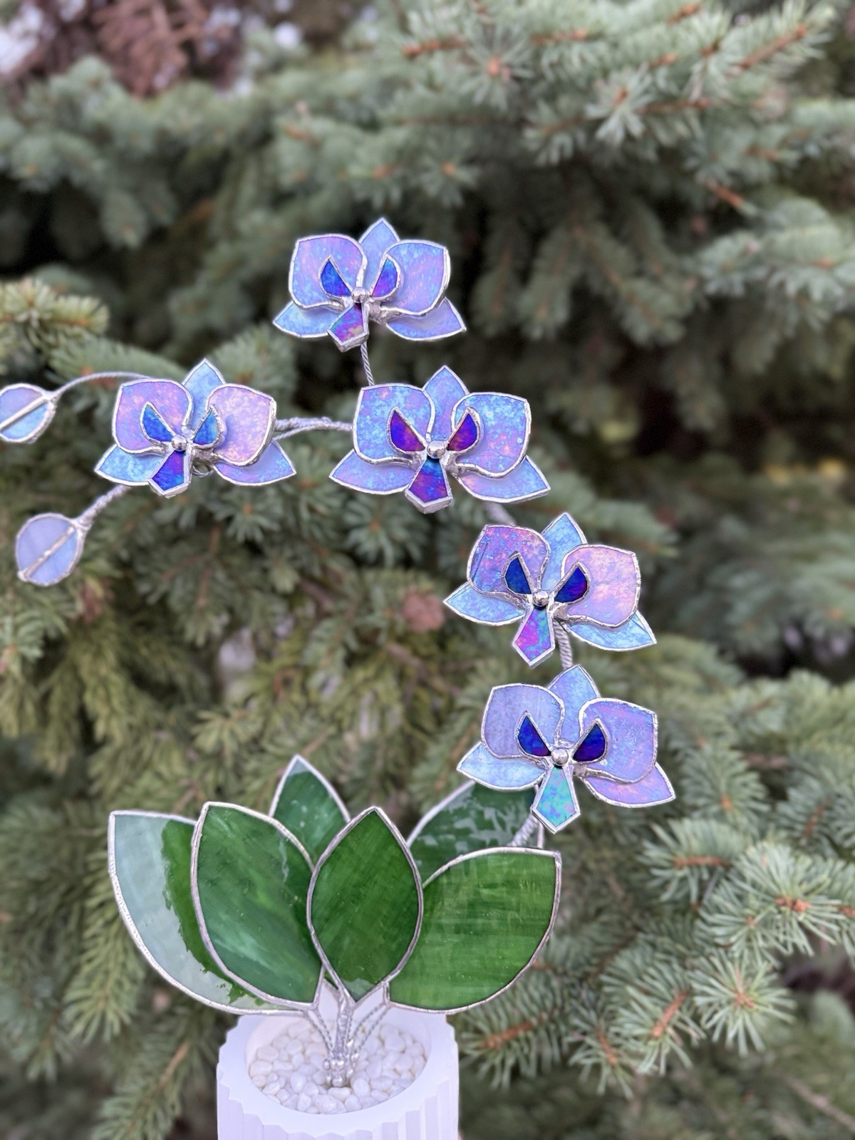 Stained Glass 3D Orchid Lavender irid, 5 Flowers In A Pot, Table Decor