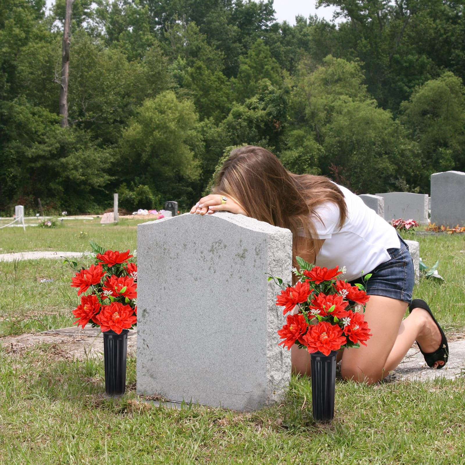 4 PCS Red 7 Head Artificial Cemetery Flower Memorial Graveside Decor Vase