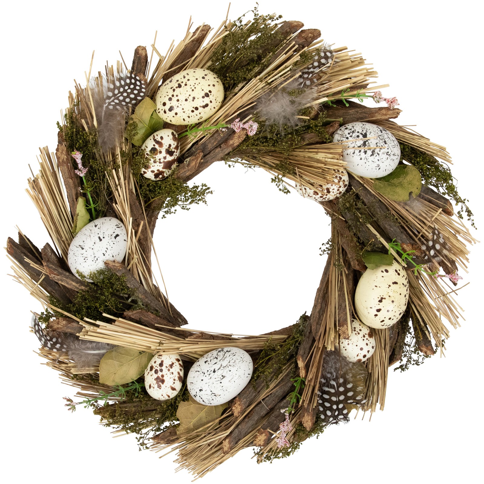 Northlight Speckled Eggs and Feathers Artificial Easter Wreath – 14″