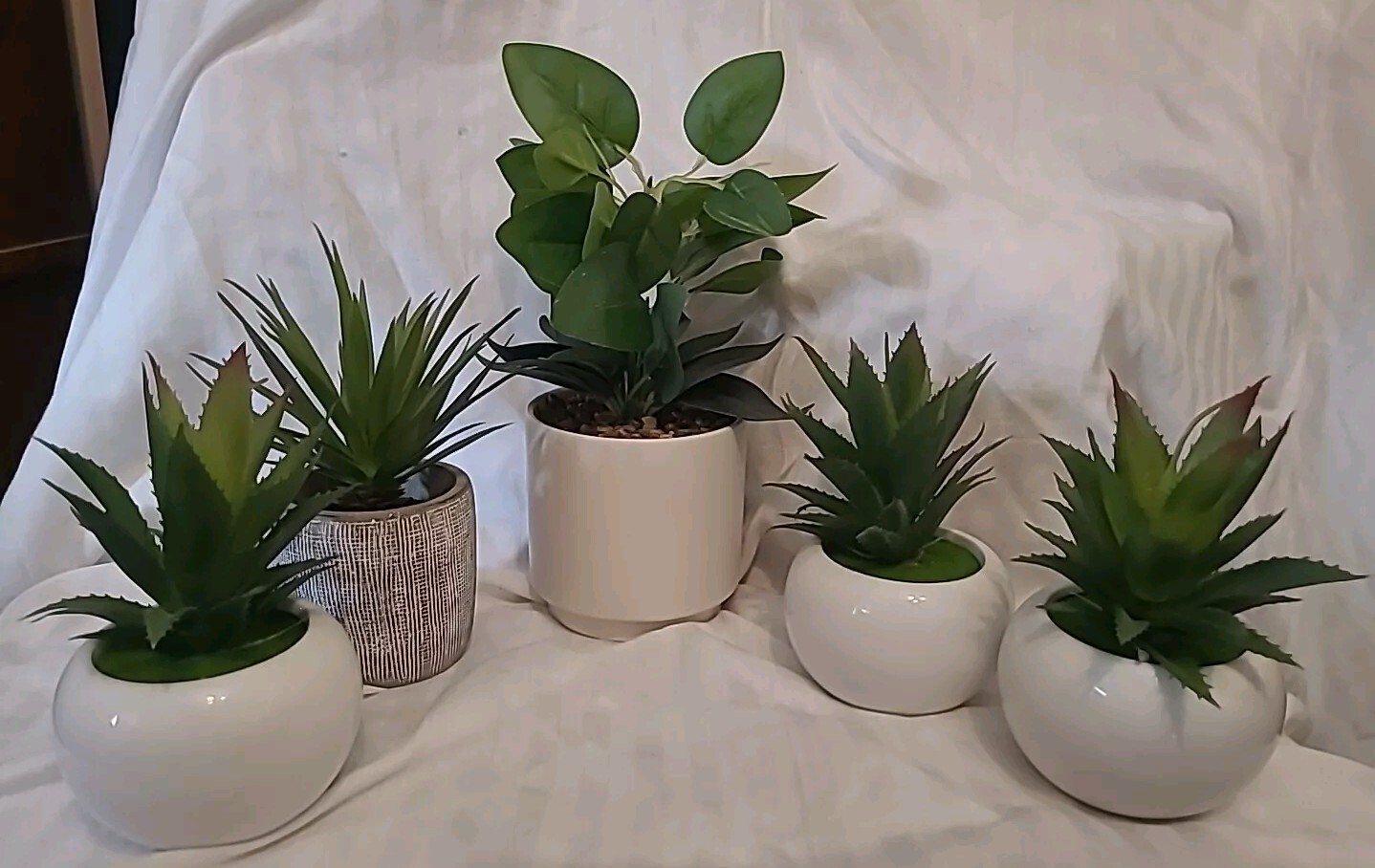 Set of 4 Decorative & Artificial Green Plants-White In Ceramic Pots W/baskets