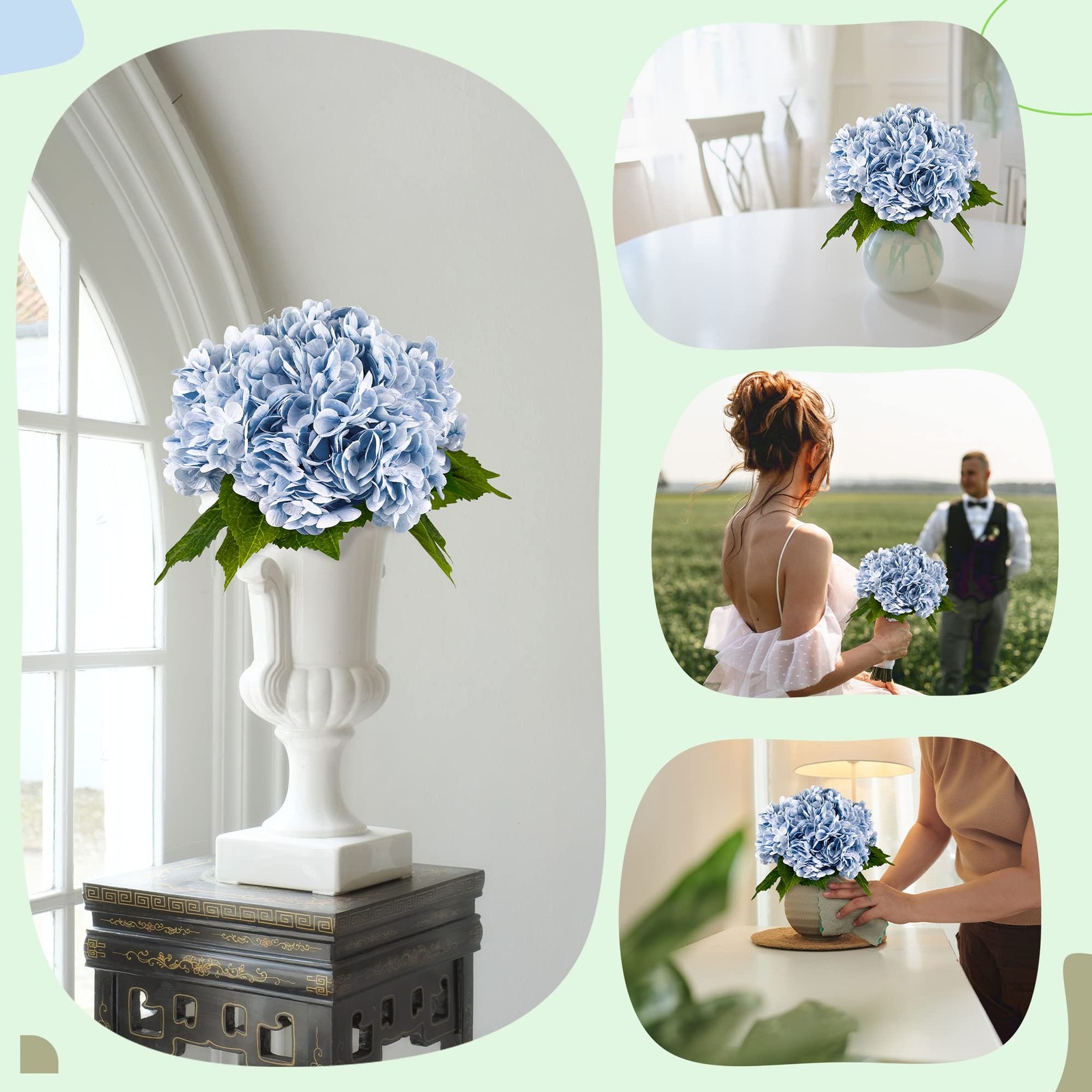 21In Blue Artificial Hydrangea Flowers 5 Pcs Real Touch 3D Print Latex Flower…