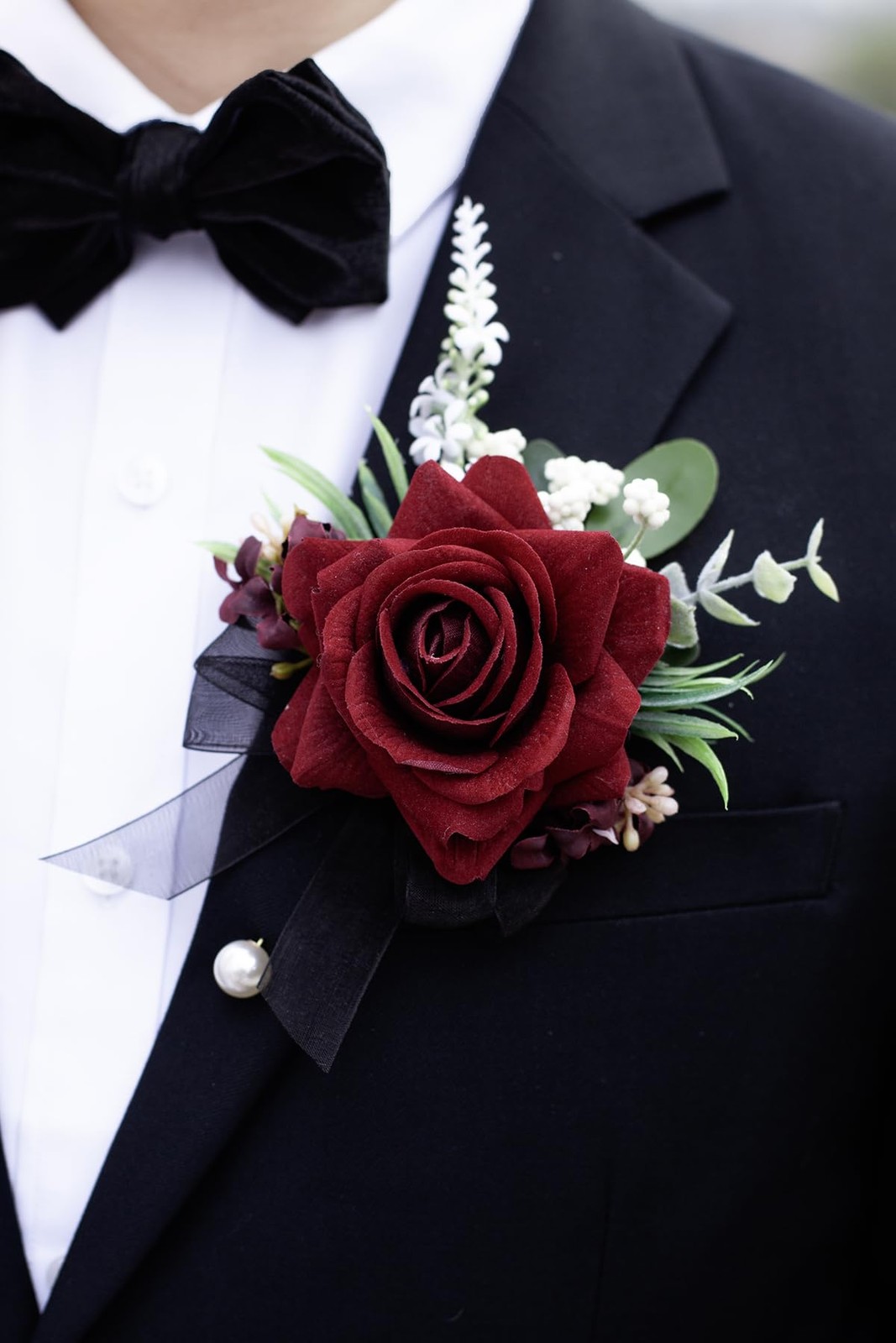 2 PCS Burgundy Black Rose Wrist Corsage Boutonniere Set Wedding Prom Flowers
