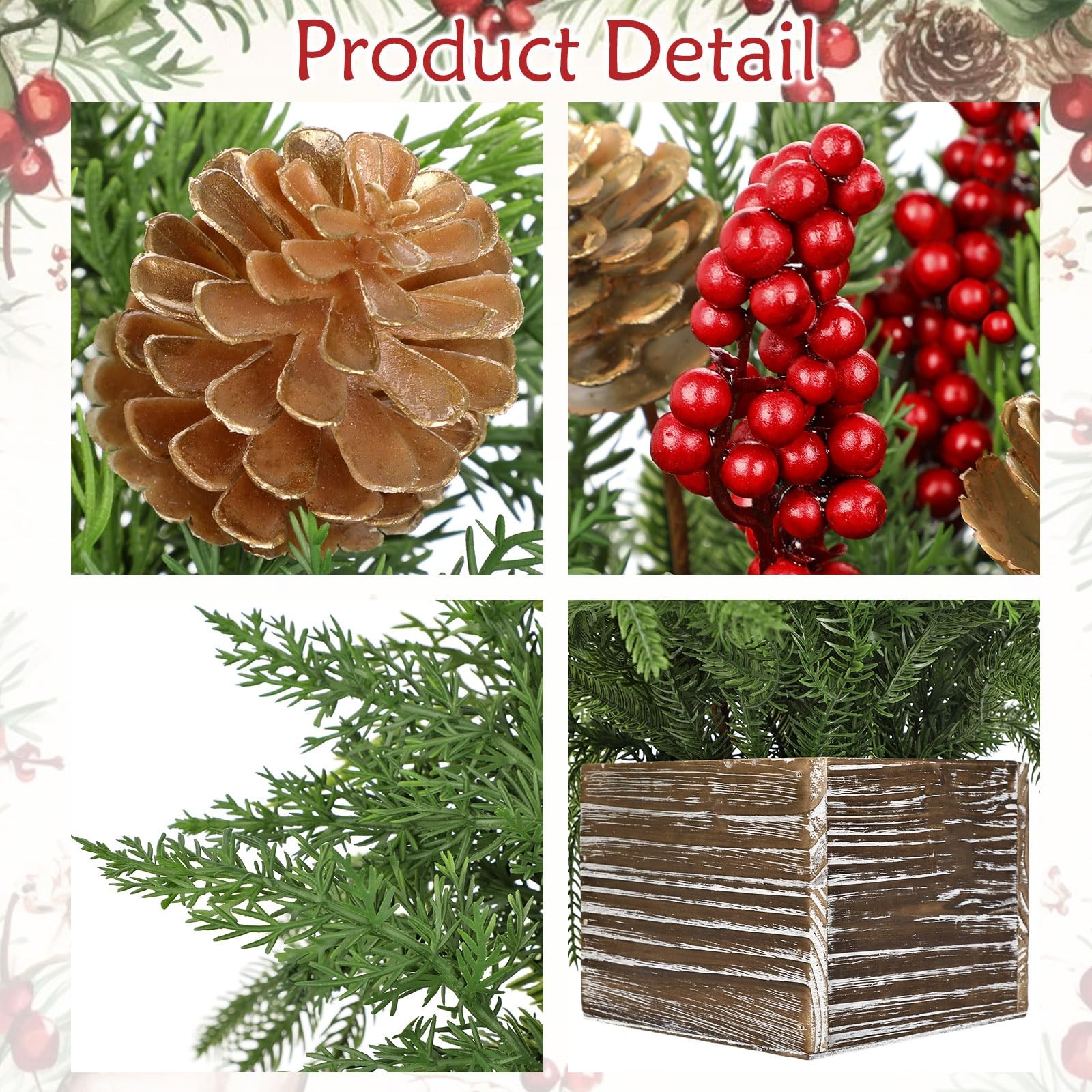 10 Inch Artificial Christmas Norfolk Pine Red Berries Pinecones Wooden Box Faux