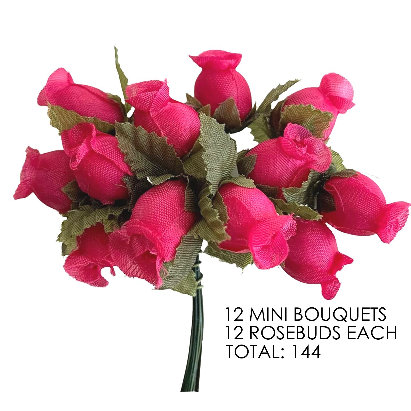 Hot Pink Artificial Silk Flower Roses -12 Mini Bouquets of 12 Rosebuds 144 Total