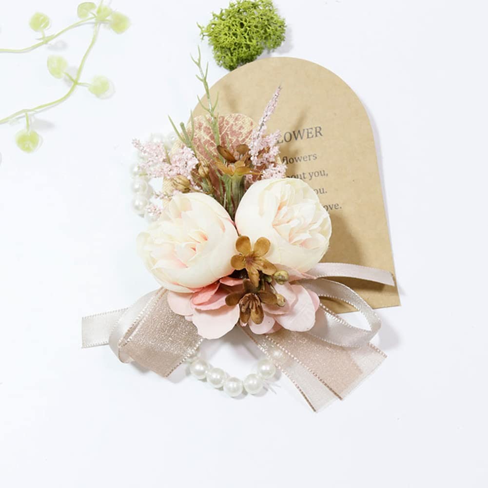 2 PCS Wrist Corsage Boutonniere Set Artificial Flowers Creamy Brown Pink Prom