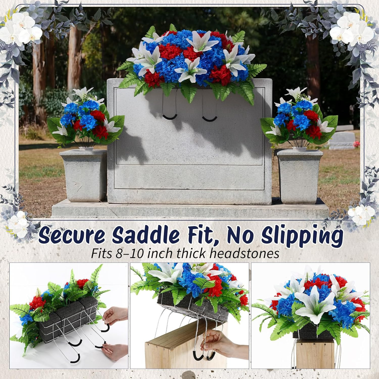 3 Pcs Artificial Cemetery Flower Saddles with Vase for Headstone Memorials