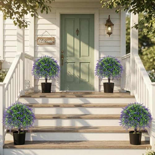 2 Pcs Artificial Lavender Topiary Ball Trees Potted Plants, UV Medium Purple