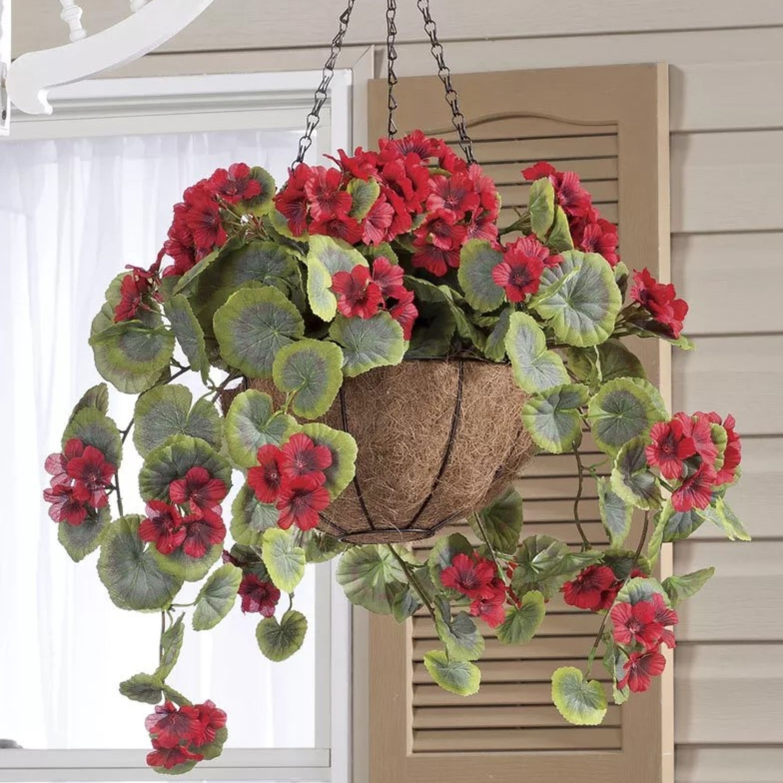 Large Artificial Red Geranium Hanging Basket Indoor Outdoor Patio Garden Decor