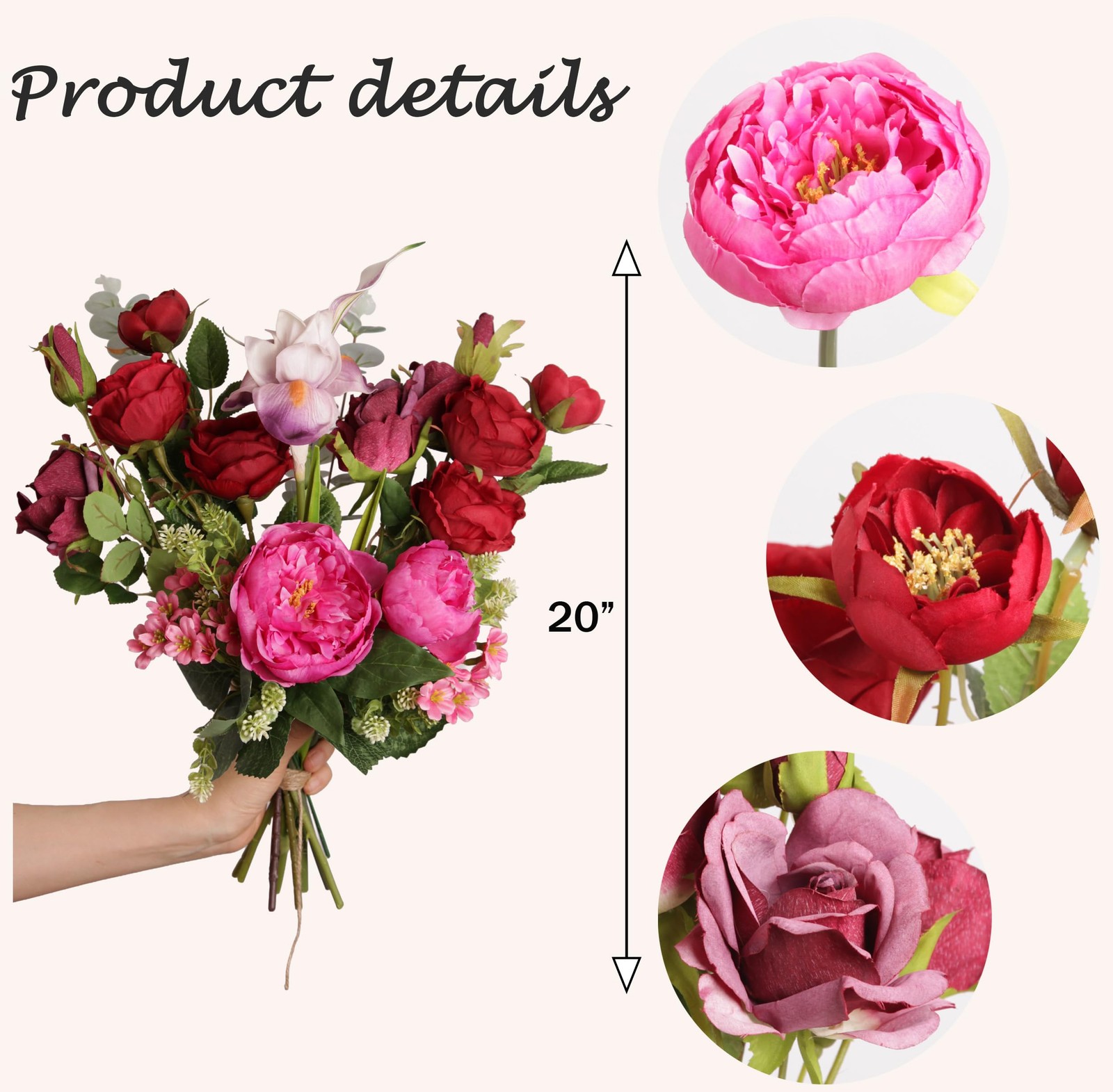 Red Pink Mixed Artificial Rose Peony Real Touch Bouquet Lifelike Floral Decor