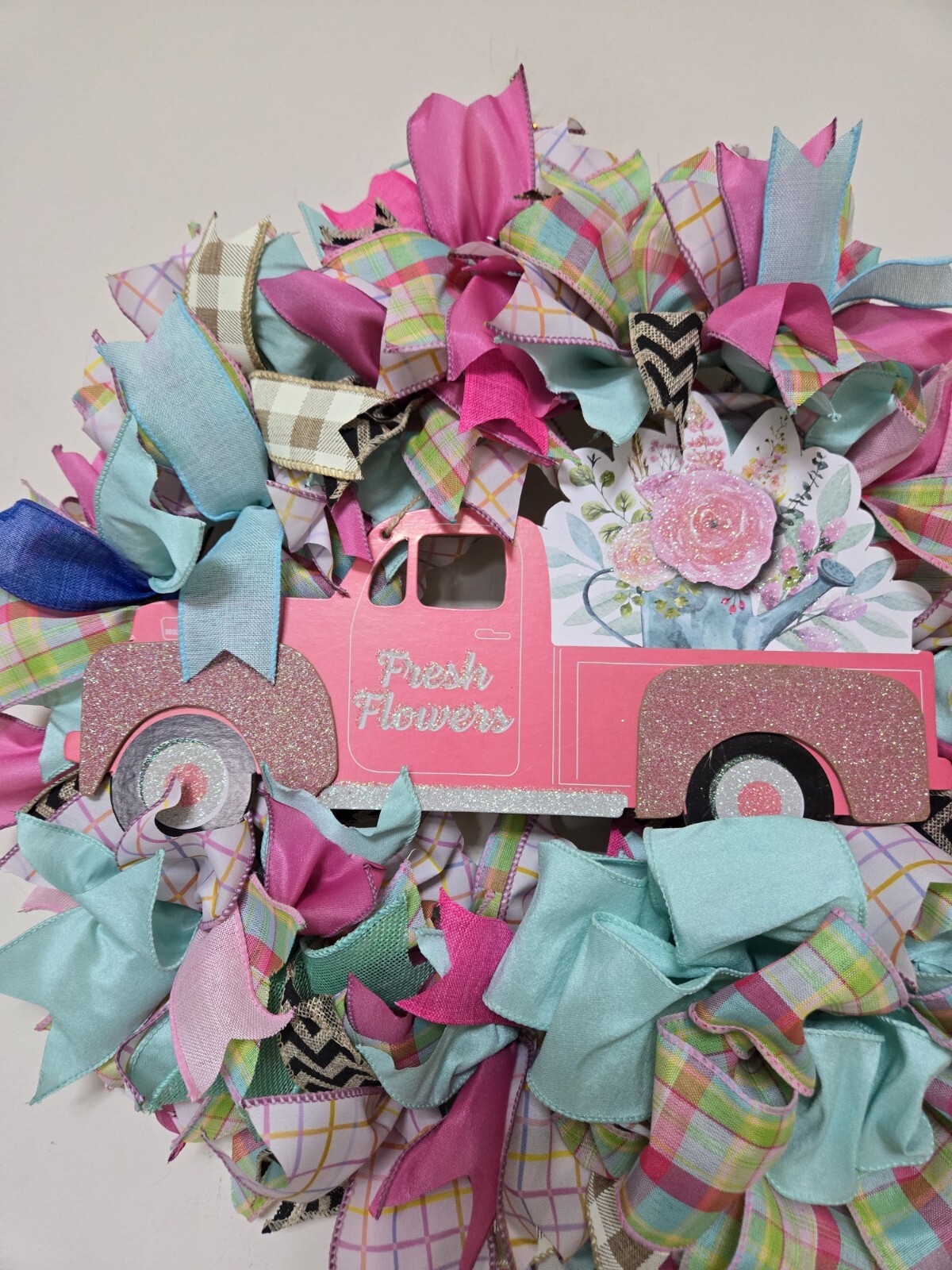 FRESH FLOWERS pink Truck WREATH Spring SUMMER Fall Front Door Wall Decor BIG BOW