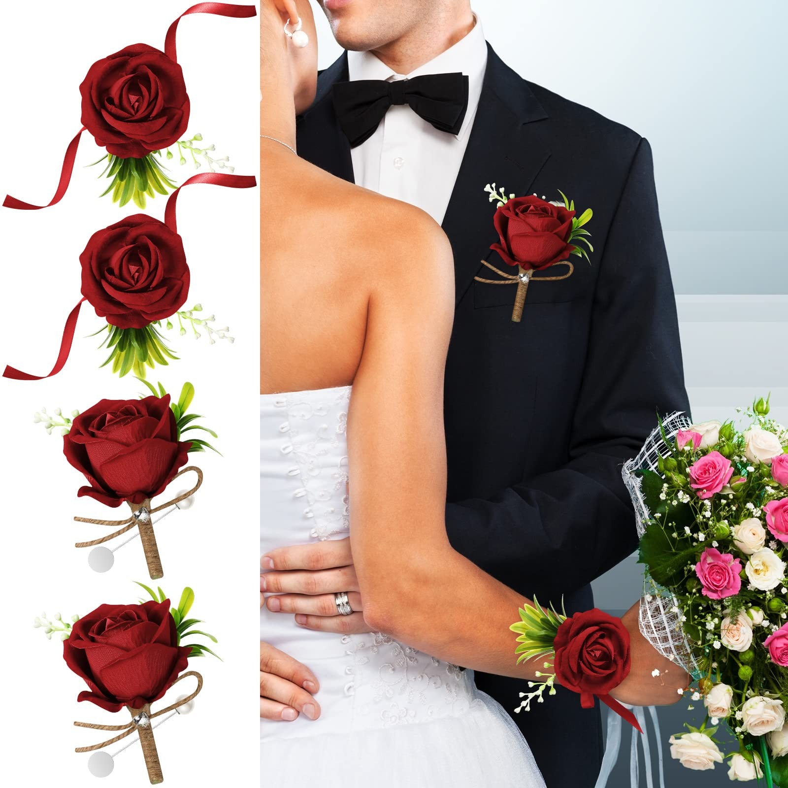 Wedding Party Corsage Boutonniere Set 2 Wristlet 2 Groom Rose Burgundy