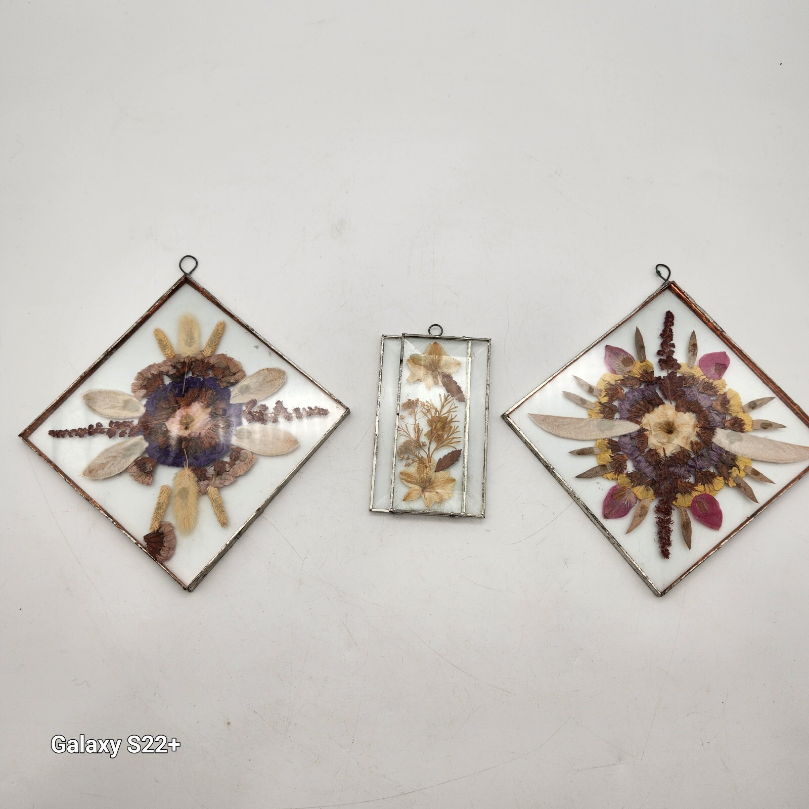 Terrarium Faux Dried Flowers Set Of 3 Beveled Glass Silver Copper Vintage 70s