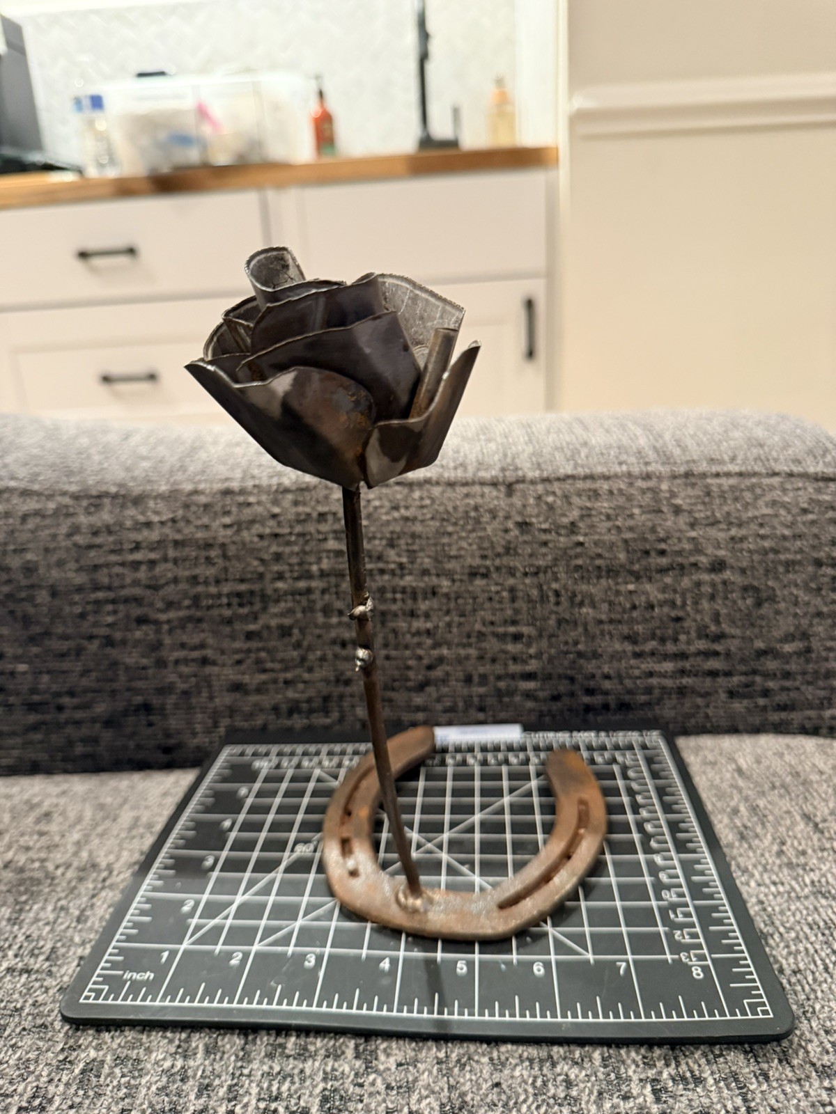 Handcrafted Custom Welded Metal Single Rose on Horseshoe