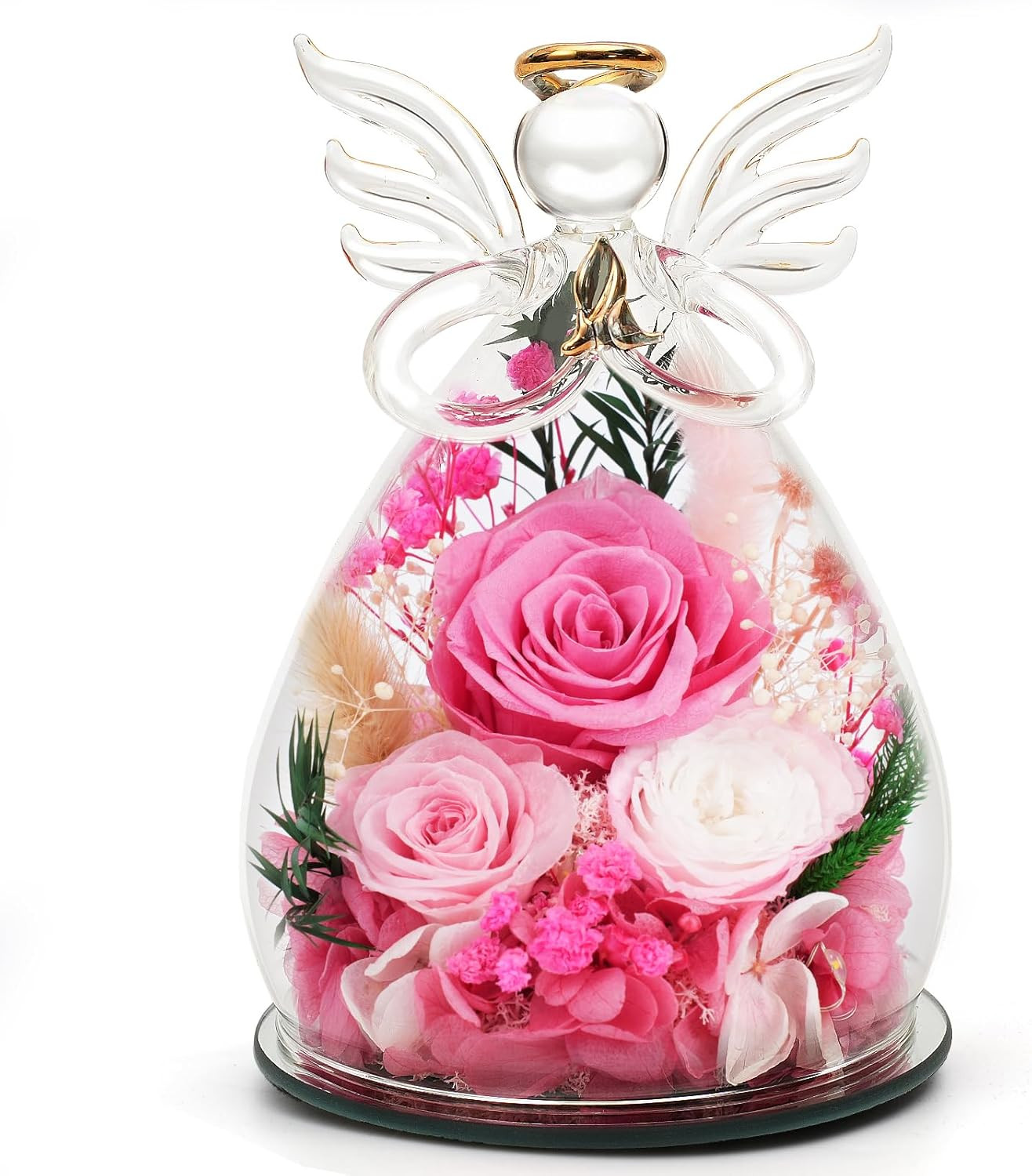 Womens Day for Mom Women, Preserved Rose in Glass Angel Figurines, Real Fresh Fl