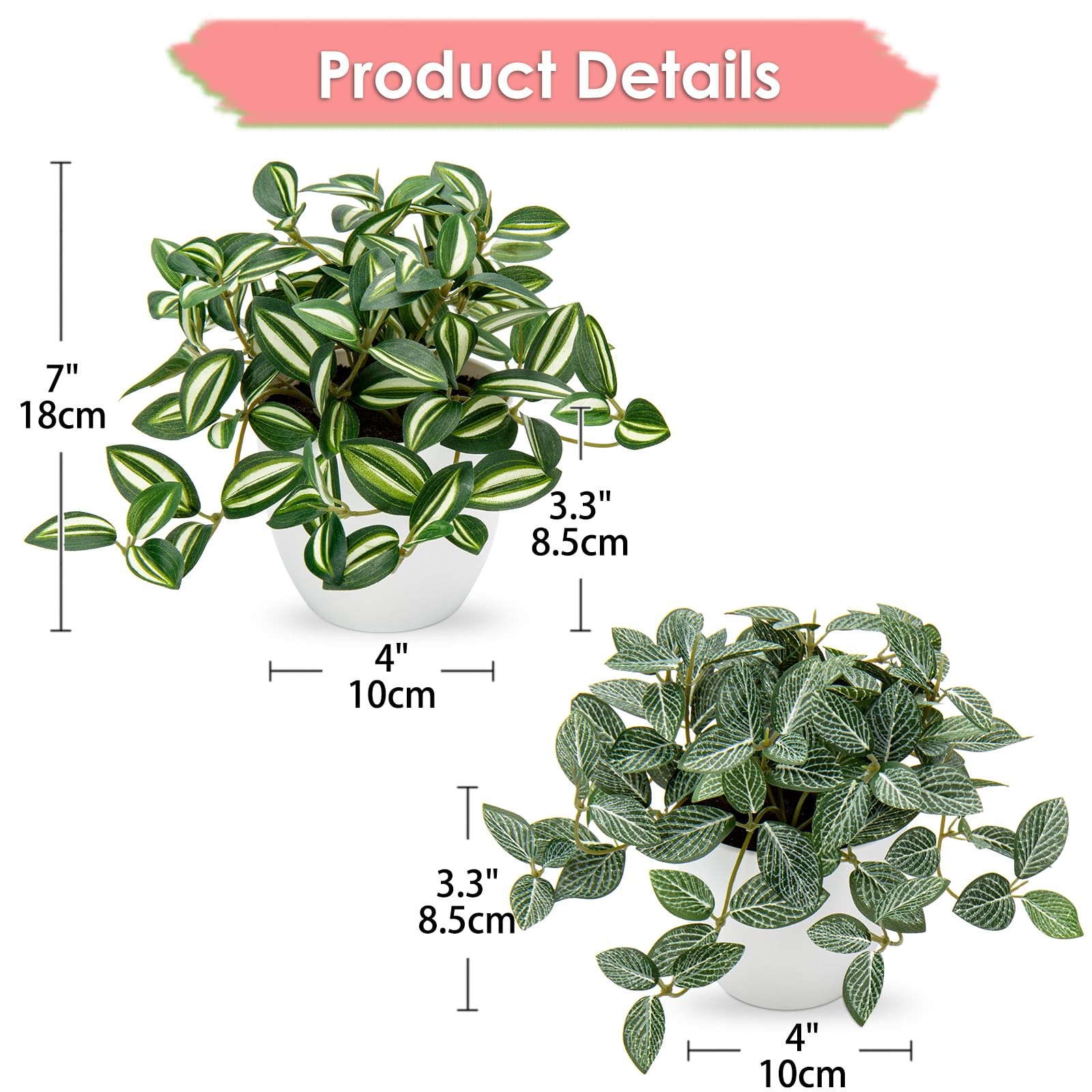 2 PCS Fake Artificial Faux Plants With White Plastic Pot Small Home Desk