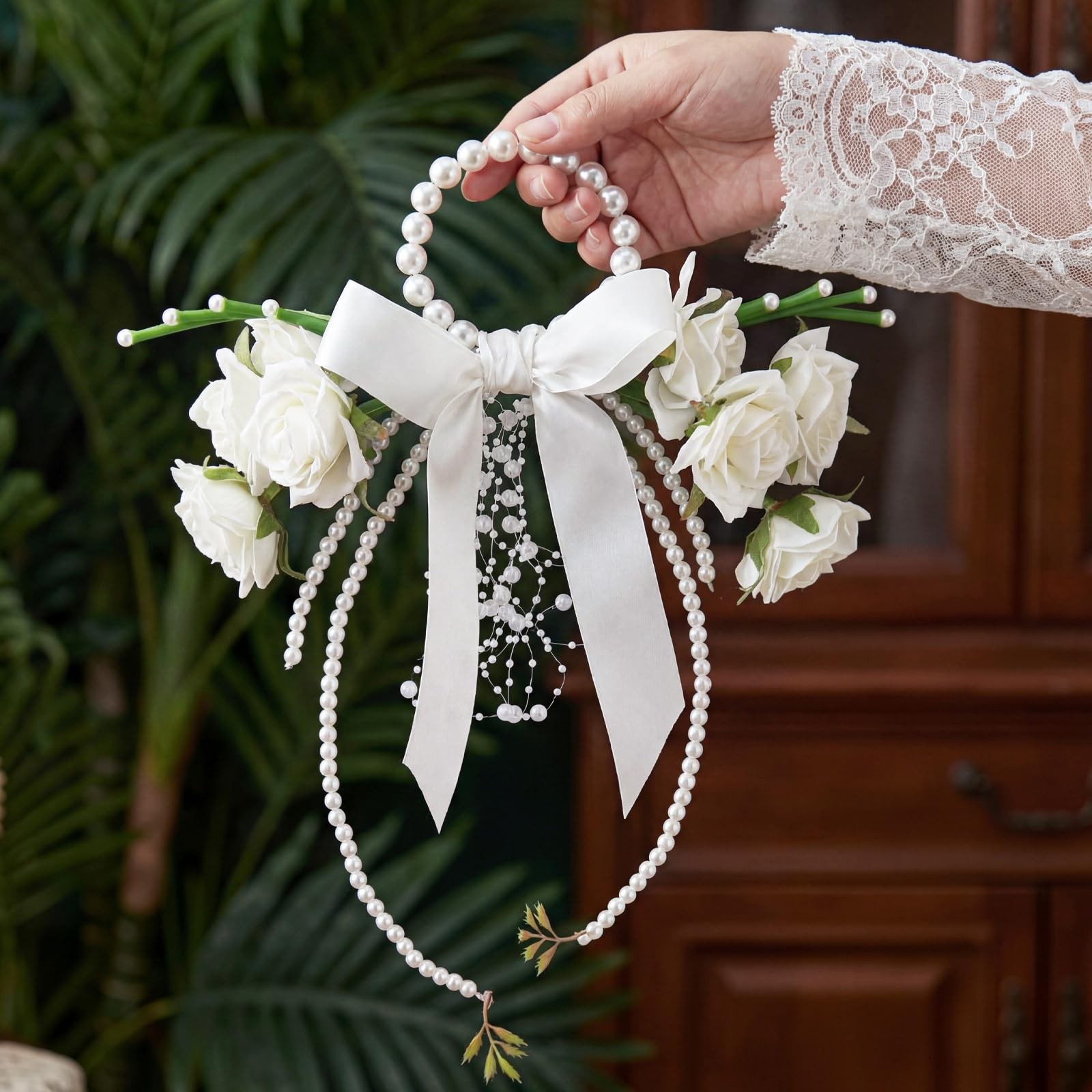 White Rose Bridal Pearl Handle Bouquet For Wedding Party Church Bridesmaid