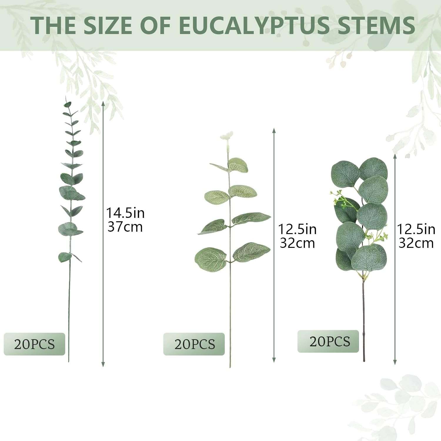 60 Pcs 3 Kinds Mixed Artificial Eucalyptus Leaves Stems, Fake Silver Dollar Euca