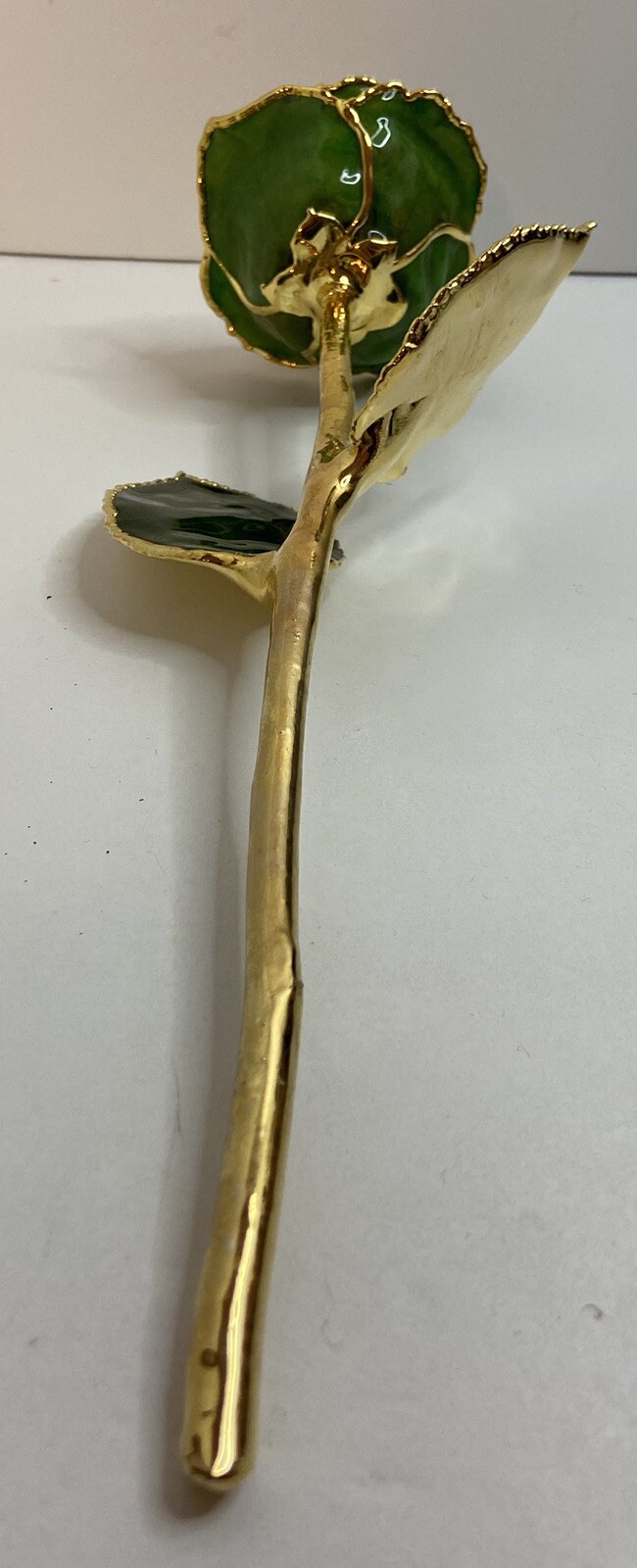 11″ EMERALD GREEN, GOLD DIPPED ROSE, ENAMELED AND DIPPED. LONG STEM ROSE. VGC