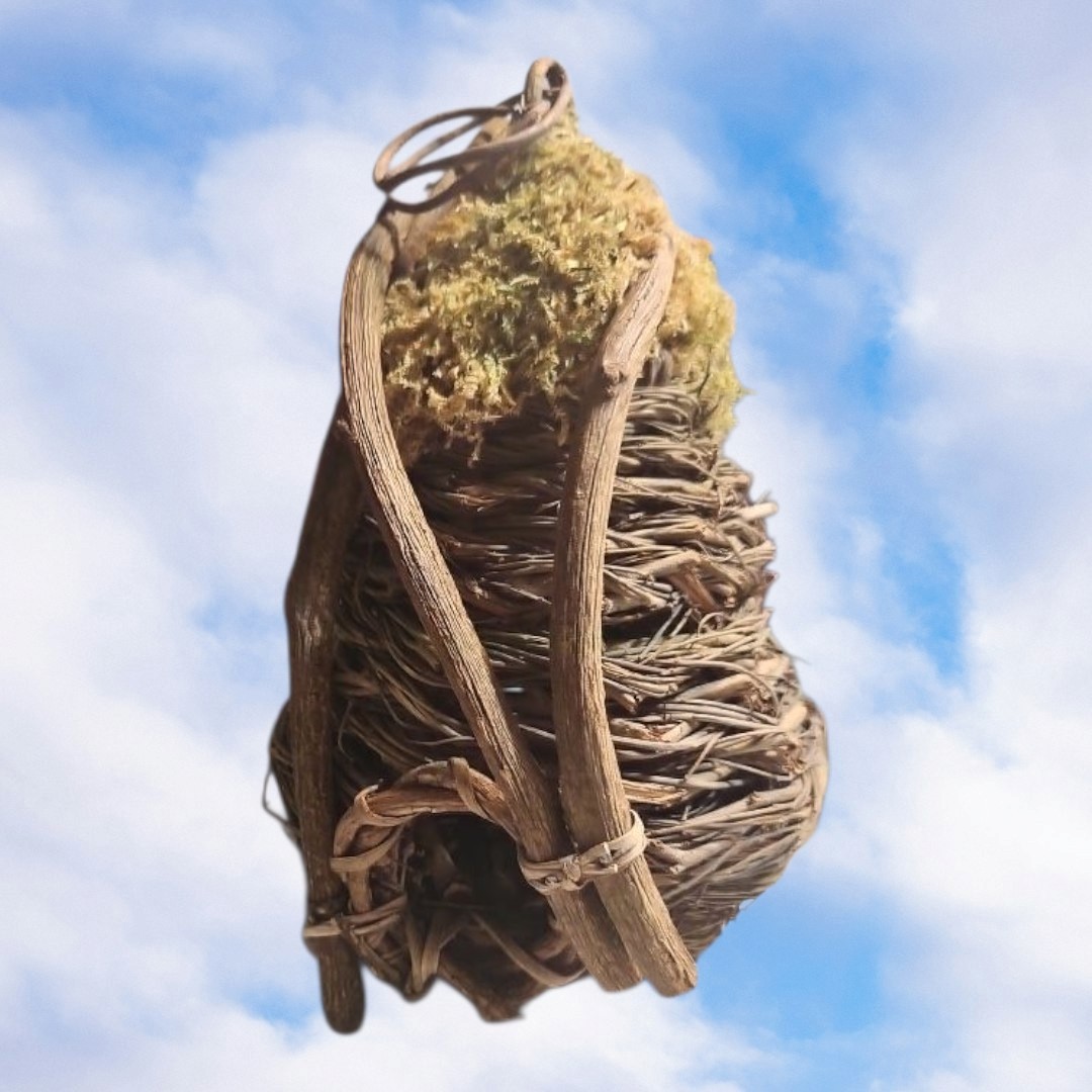 Natural Hand Woven Vine Branch And Moss Hanging Bird House Nest 11″
