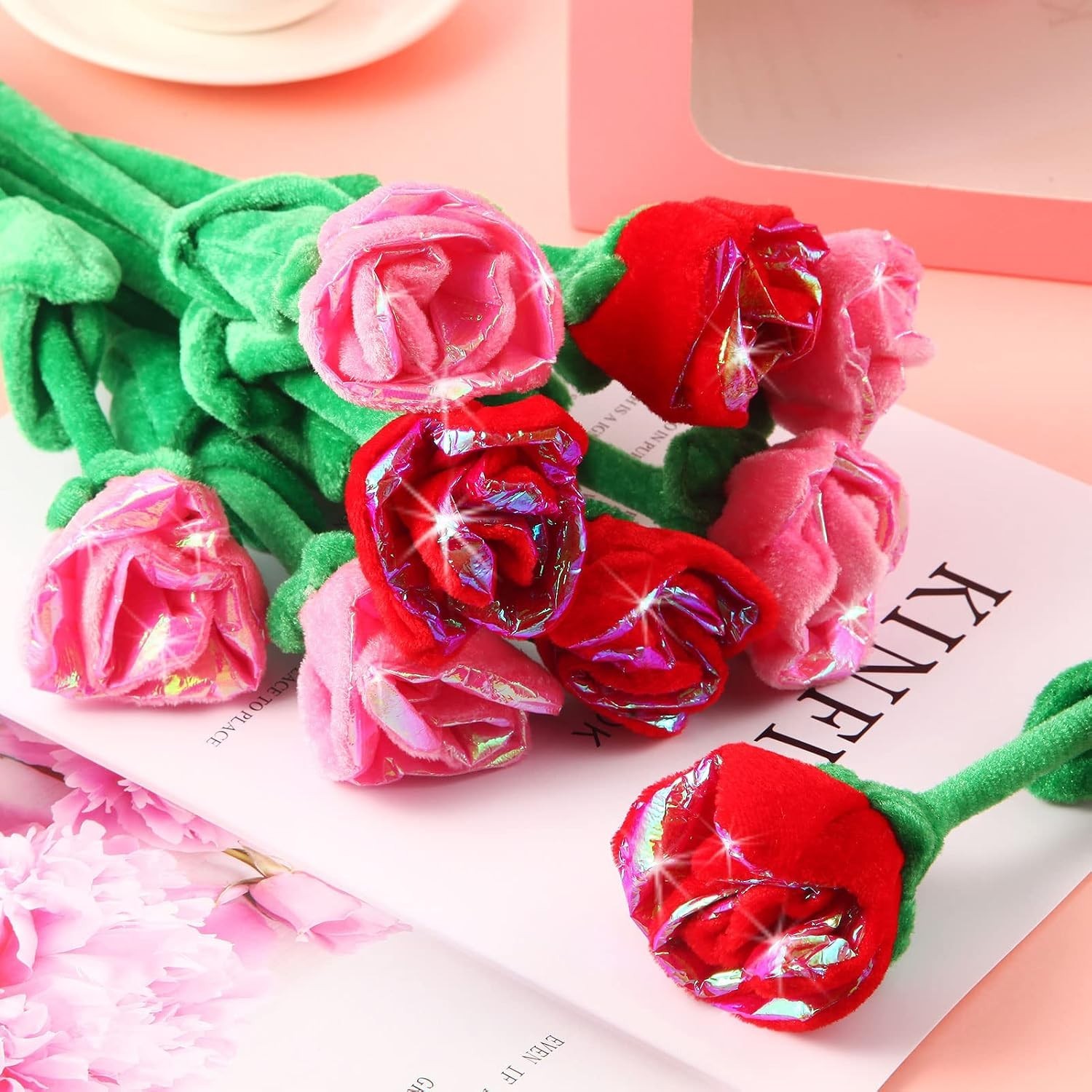 10 Pcs Plush Rose Flower Stuffed Flower Bendable Stems Plush Bouquet Toy Soft…