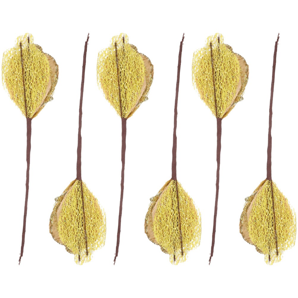6 Pcs Artificial Flower Cuttings Christmas Glitter Leaf Stems Picks