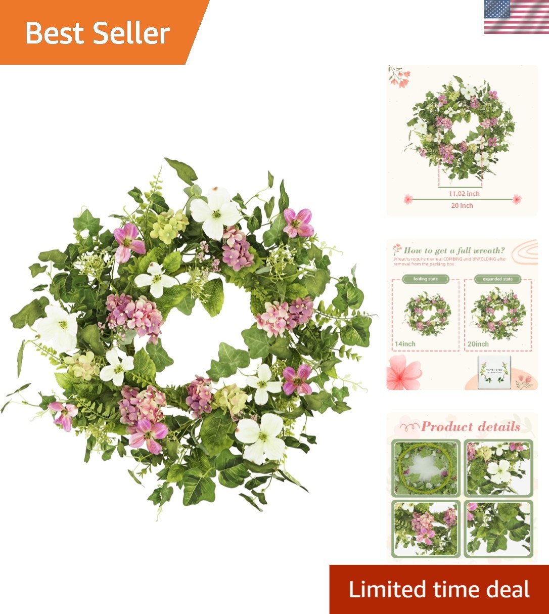 20″ Handcrafted Floral Wreath with Pink Hydrangeas – Ideal for Any Occasion