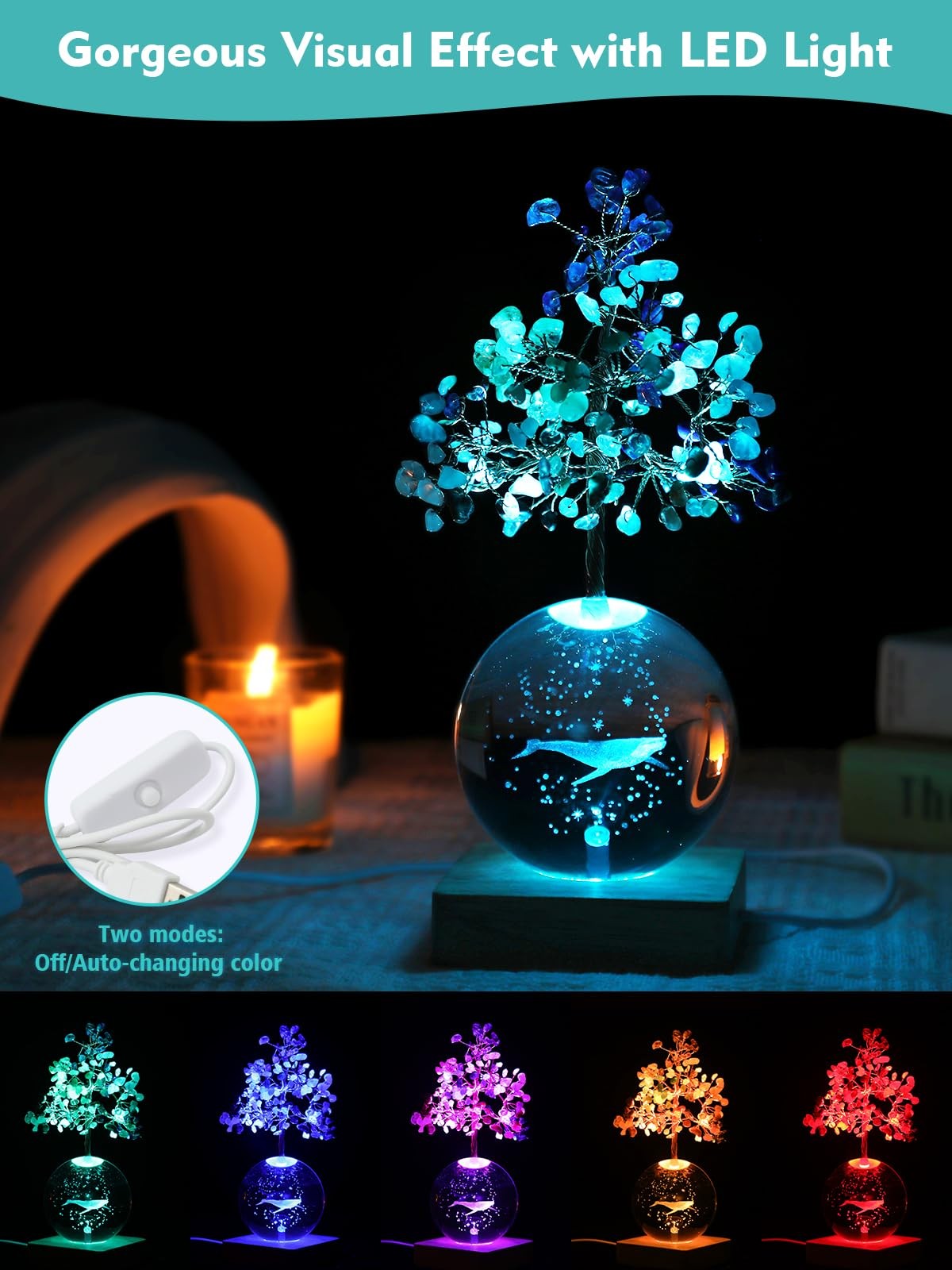 3D Whale Crystal Tree Of Life 7 Chakra Healing Night Light Office Desk Decor