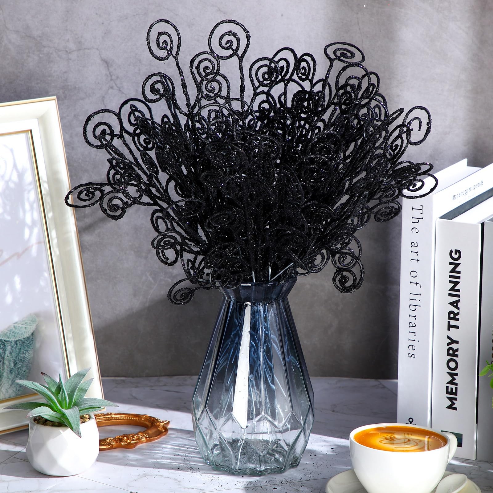 Decorative Picks 50 Pack Black Glitter Curly Stems 12 Inch Decor
