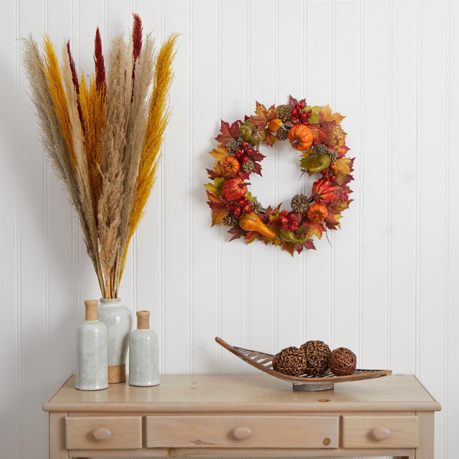 Nearly Natural 24″ Pumpkin Gourd Berry & Maple Leaf Wreath in Orange