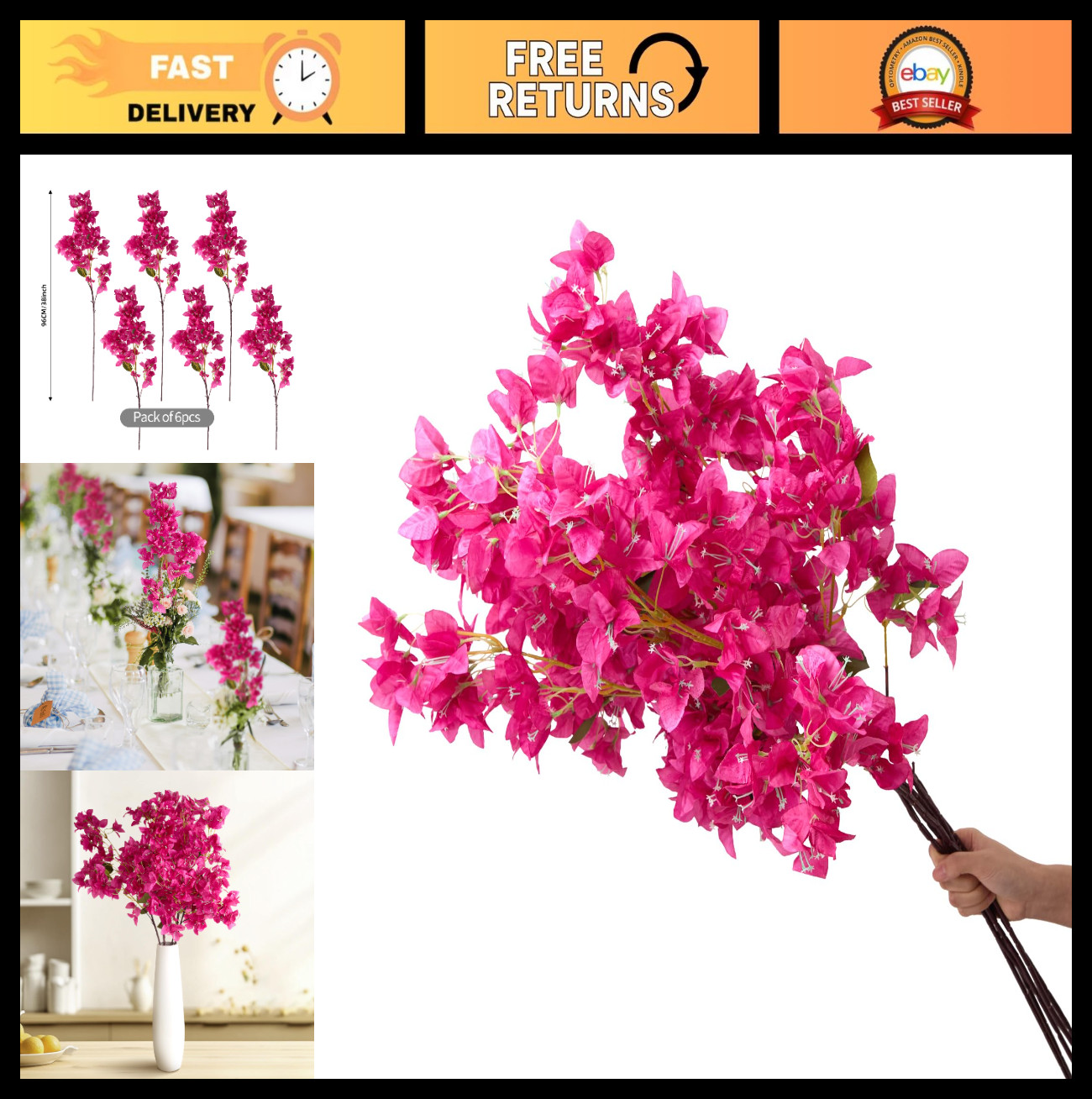 6PCS UV Resistant Silk Bougainvillea Flowers, 36 Branches, Long Stems, Realistic