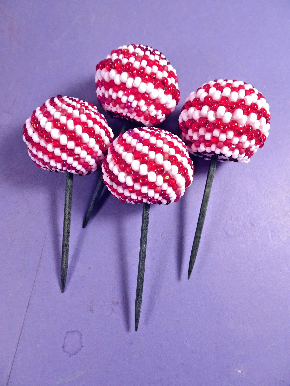 4 Beaded Ball FLORAL PICKS Red & White Stripe/Spiral Design Handmade