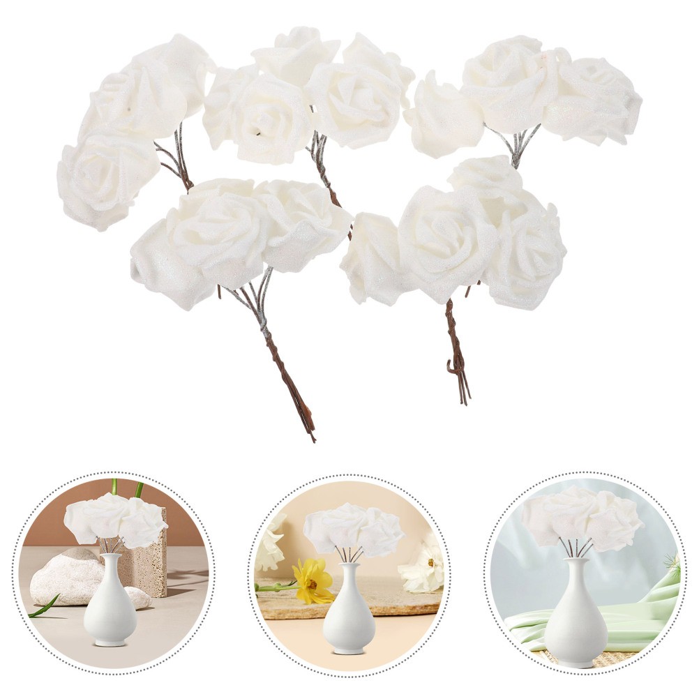25 PCS Glitter White Rose Fake Flower Roses Centerpiece Artificial Stem Flowers