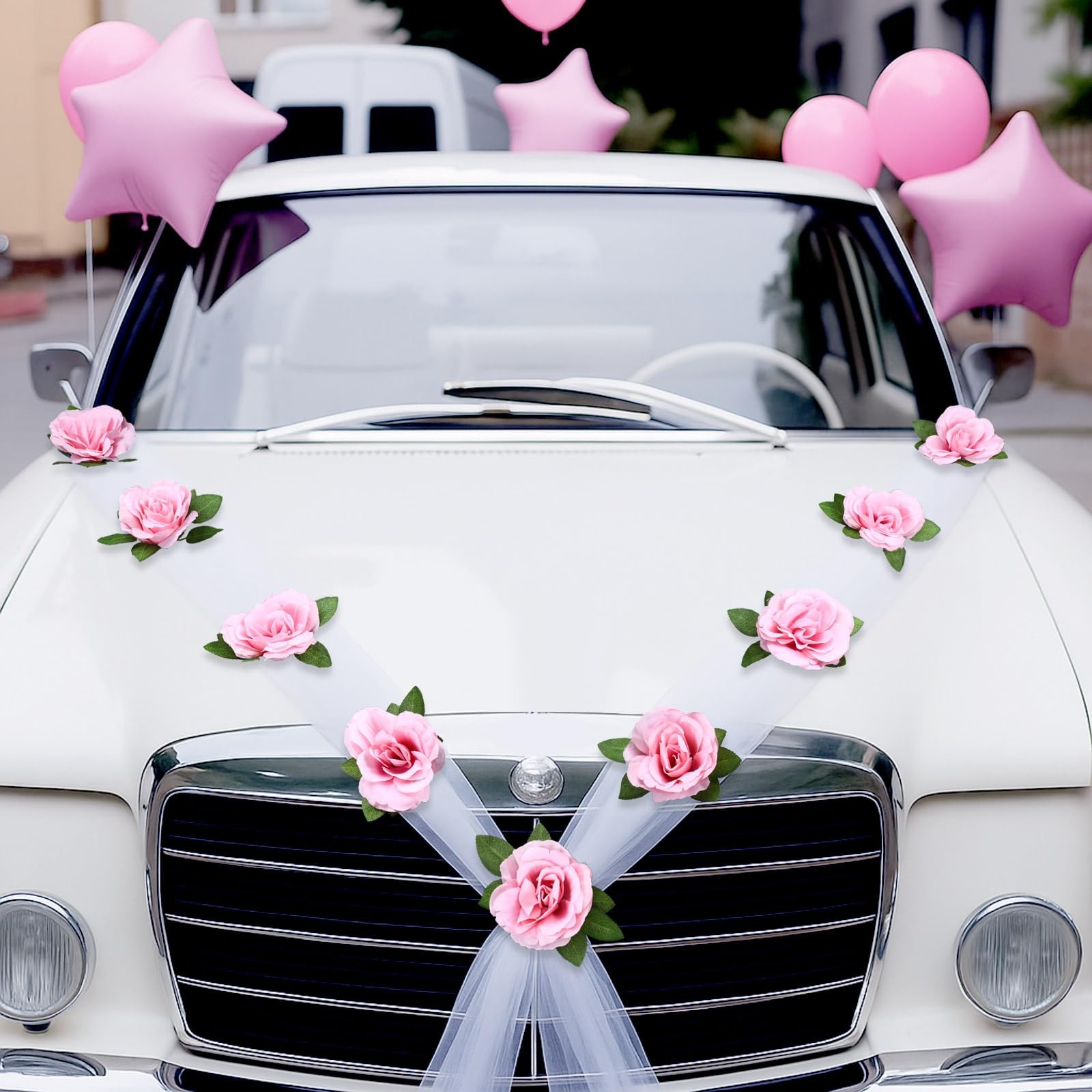 Wedding Car Decorations Pink Artificial Flowers Rose Bouquet Ribbon Set Prop