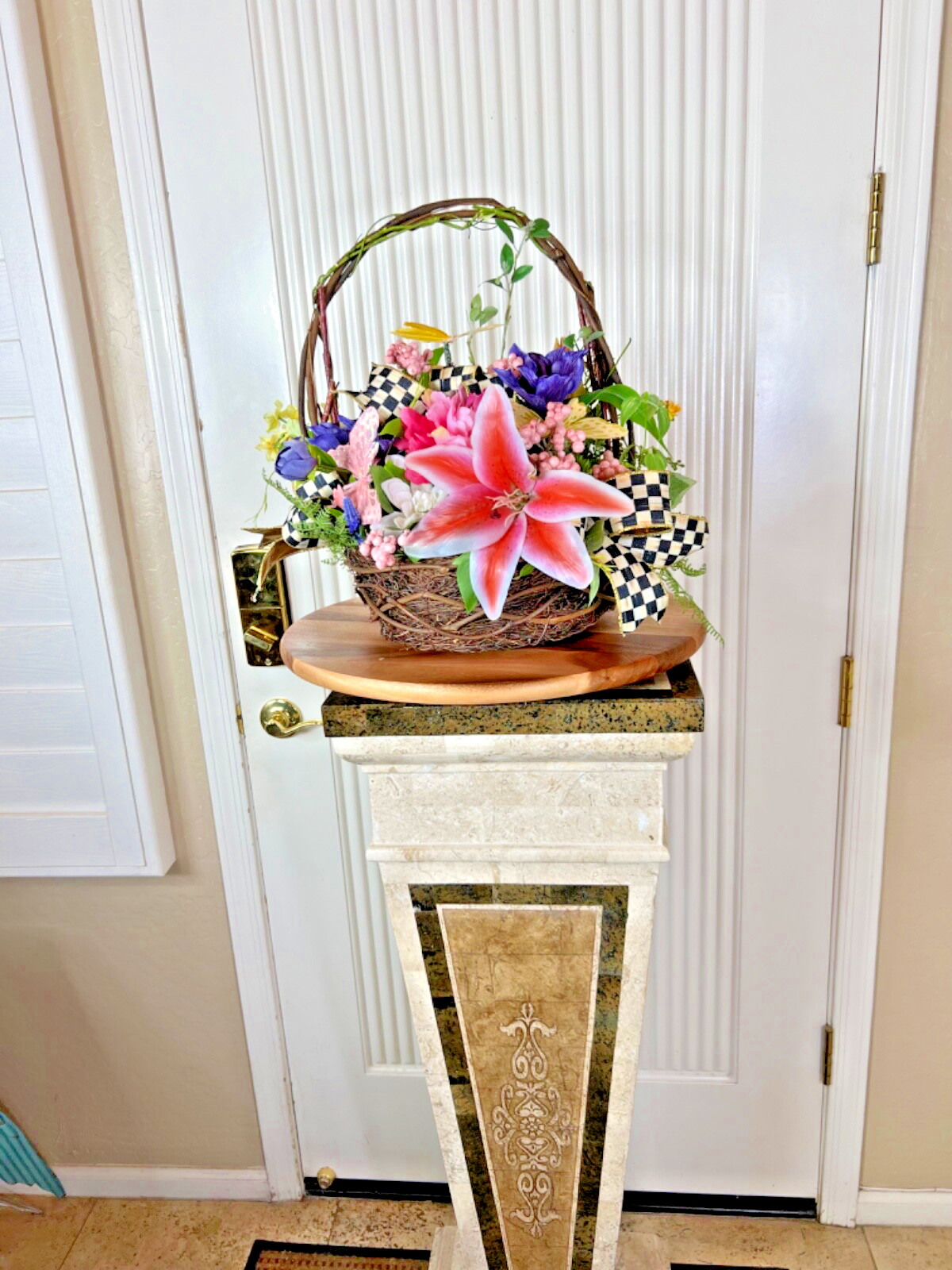 Spring-Summer Silk Flower Basket, Realistic Silk Basket, Tabletop Decor, Gifts