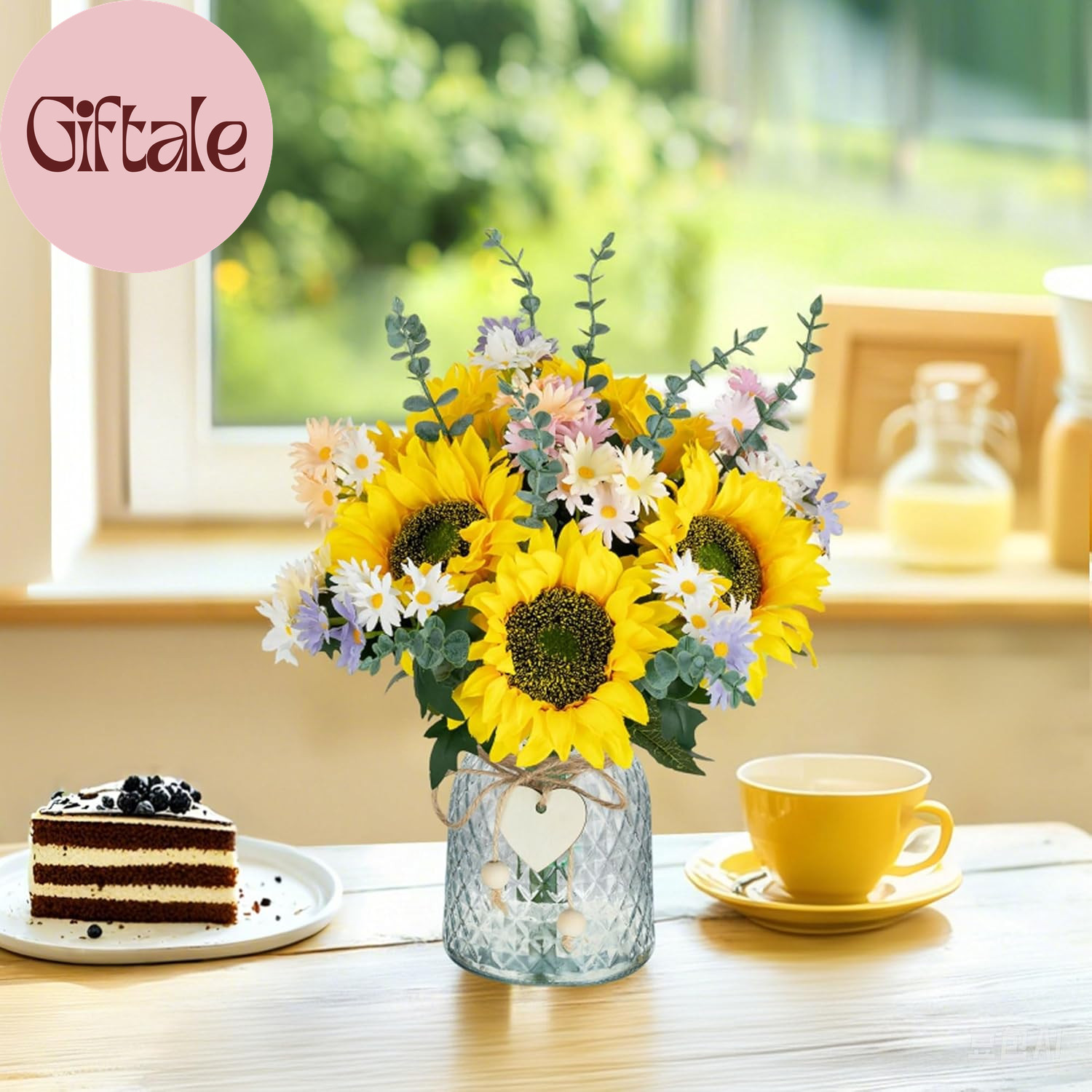 Sunflower Fake Flowers in Vase: Sunflowers Artificial Flowers with Vase for Tabl