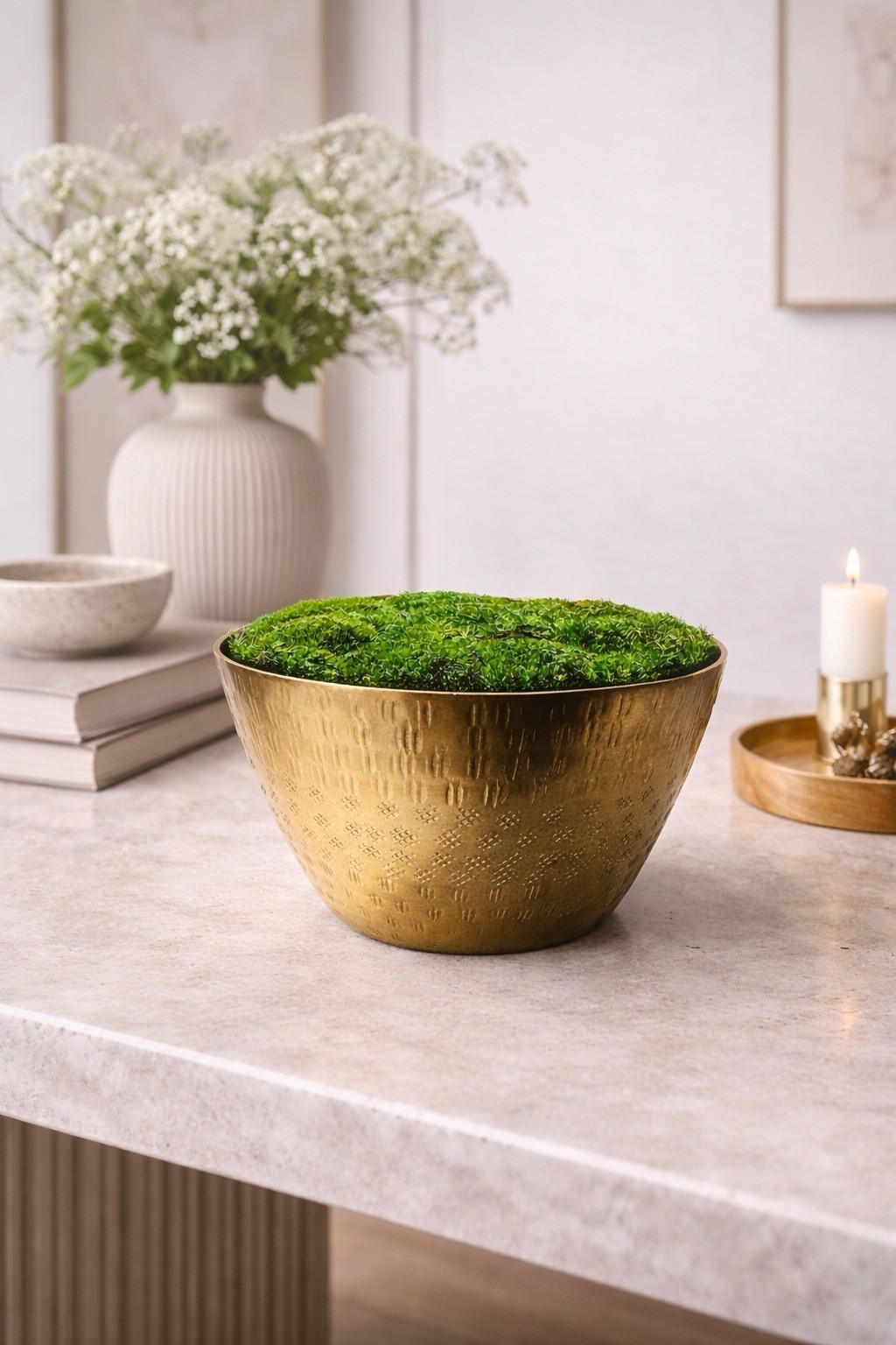 Preserved Moss Brass Bowl 5” x 6” Handmade Botanical Decor · No Maintenance Moss