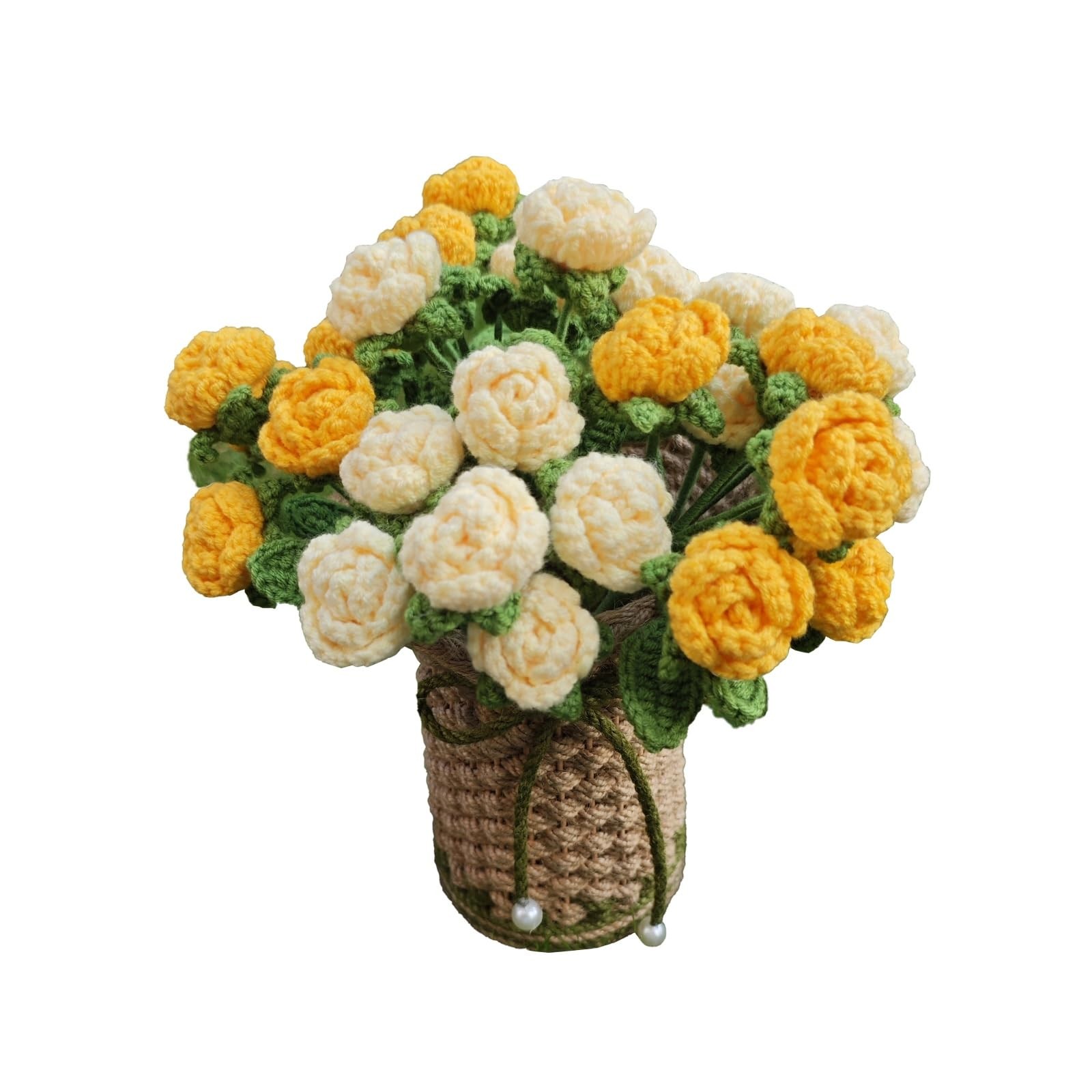 Crochet Red Roses Artificial Flowers Bouquet with Knitted Flower Vase Mothers…