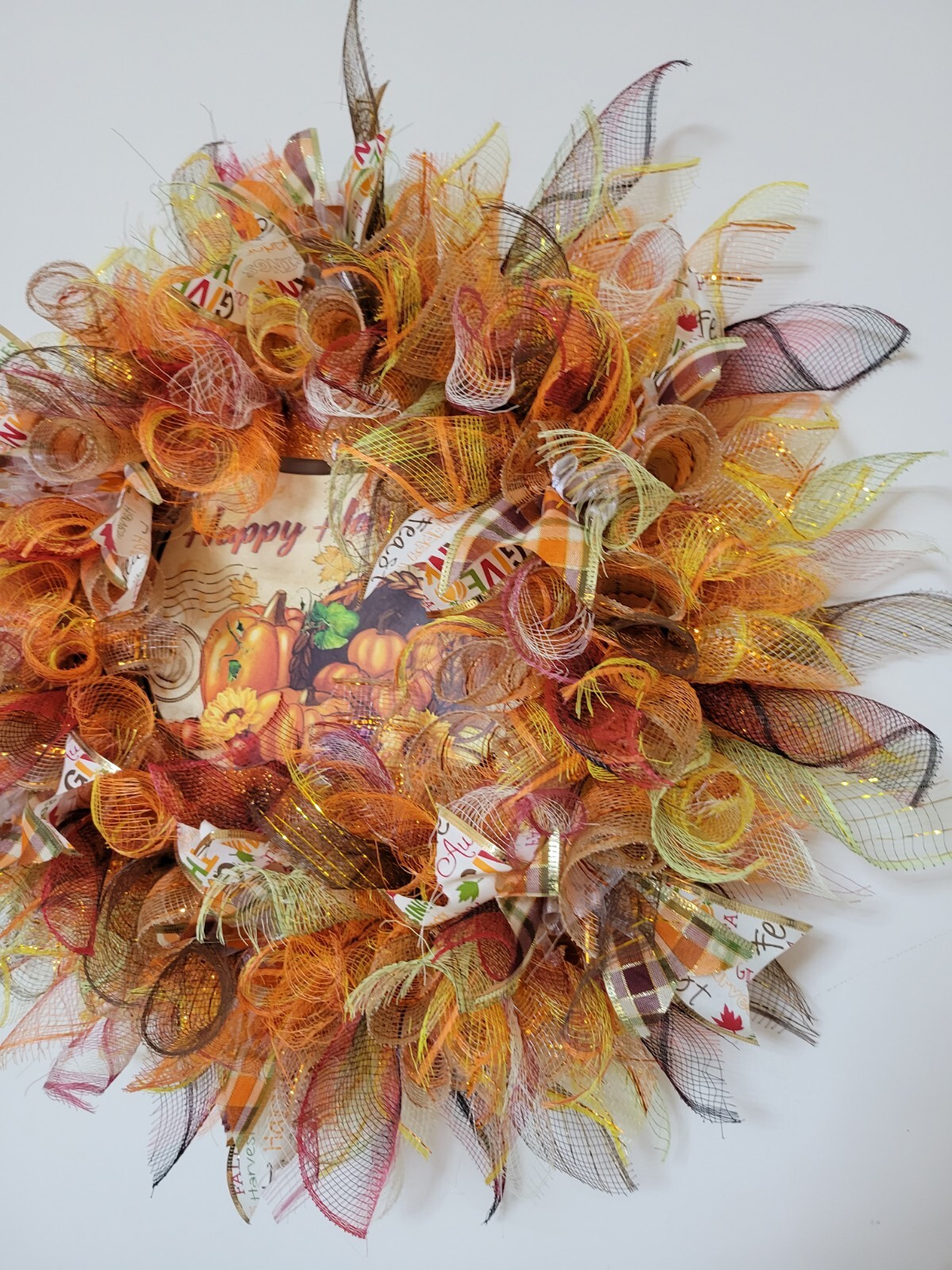 HAPPY HARVEST autumn Spring Mesh Front Door Wreath Wall Decor Bright colors