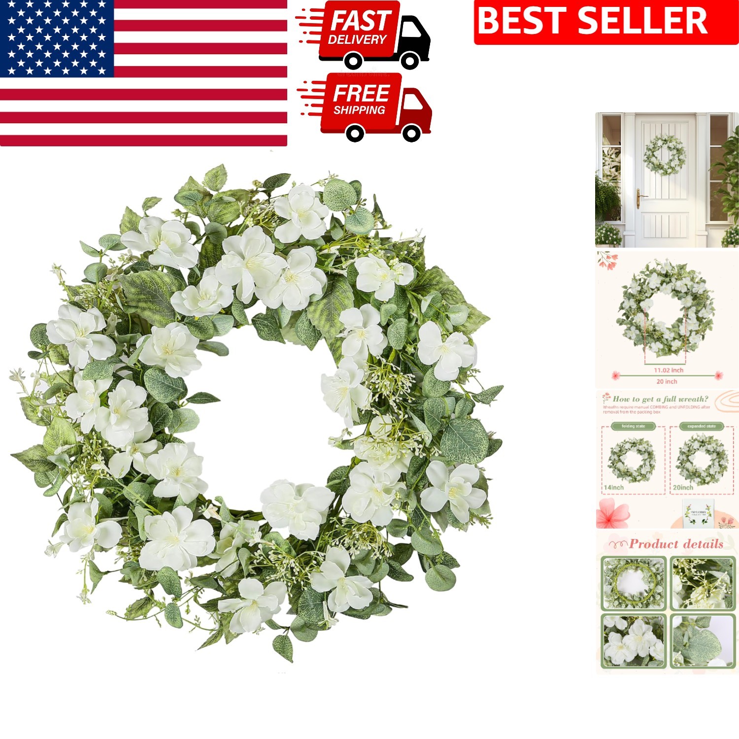 20-Inch Spring & Summer Artificial Floral Wreath with White Roses & Eucalyptus