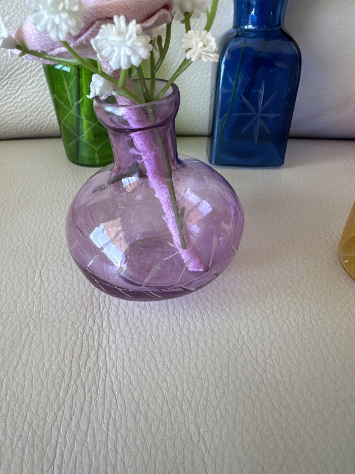 Five Small Upcycled 3 1/2” Vases With Coordinating Colors Handmade Denim Roses