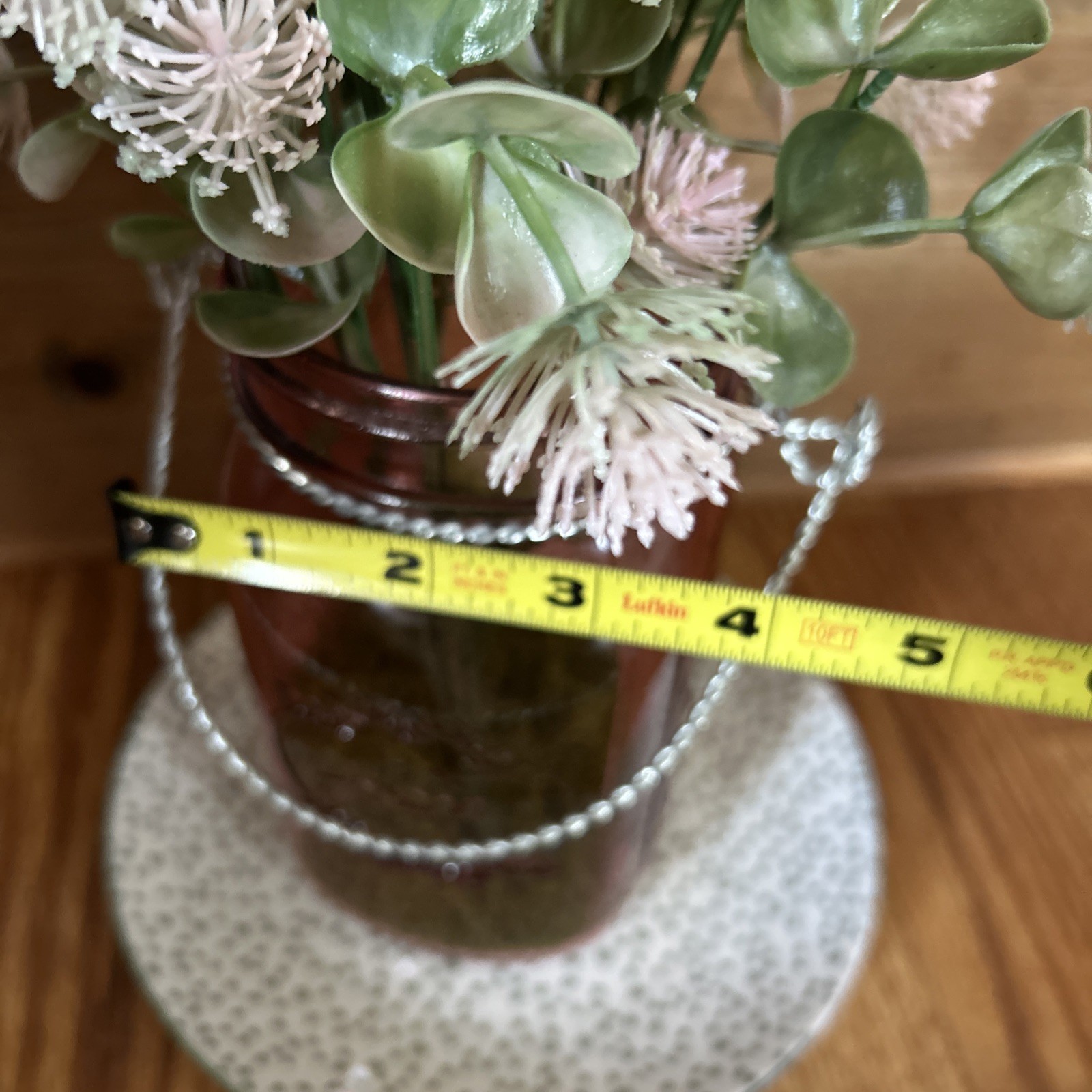 Big Mouth Mason Jar Pink Tone w/Artificial Flowers Silver Handle Moss In Jar