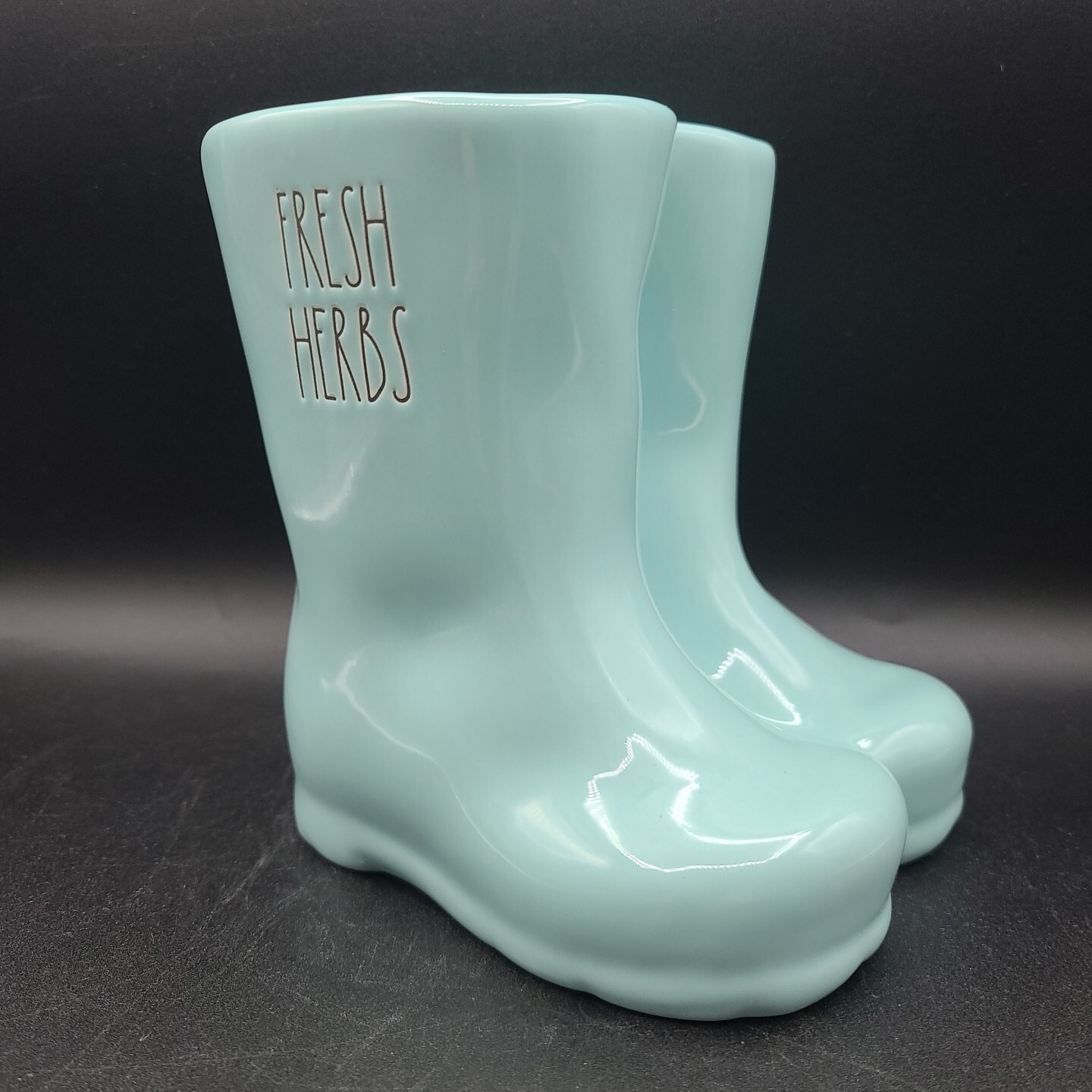 Rae Dunn “Fresh Herbs” Ceramic Rain / Garden Boots Herb Planter 7″ Aqua Blue