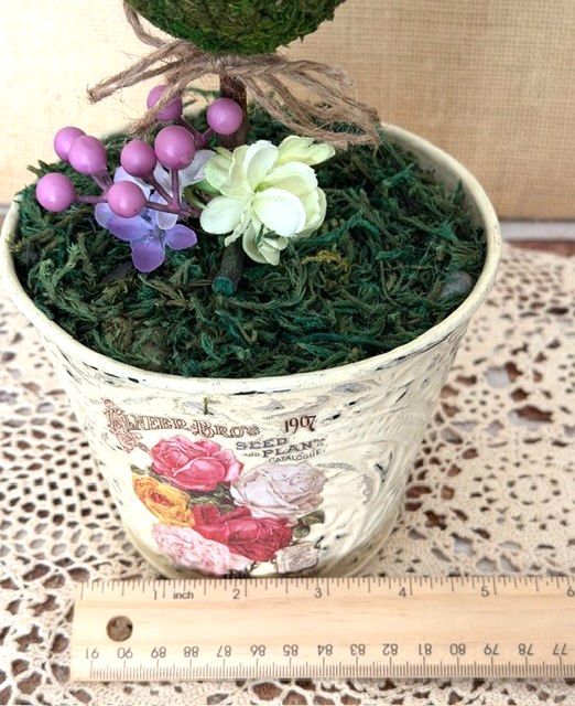 VINTAGE TIN POT TRIPLE MOSS-BALL TOPIARY TREE COTTAGECORE SHABBY CHIC DECOR