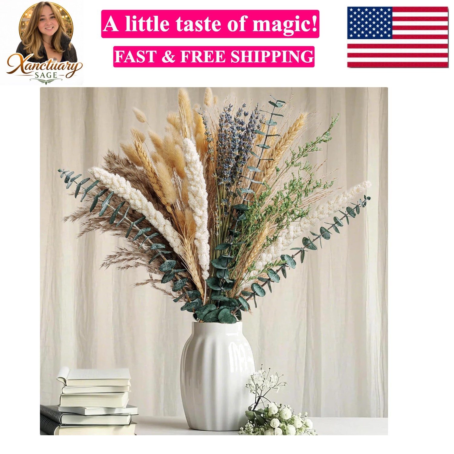 Boho Dried Flower Bouquet – Pampas Grass Bouquet with Lavender, Eucalyptus, W…