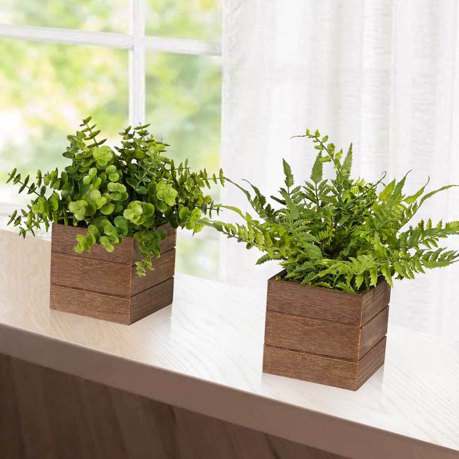 Small Fake Plants, 2Pack Mini Potted Artificial Plastic Boxwood Fern Green De…