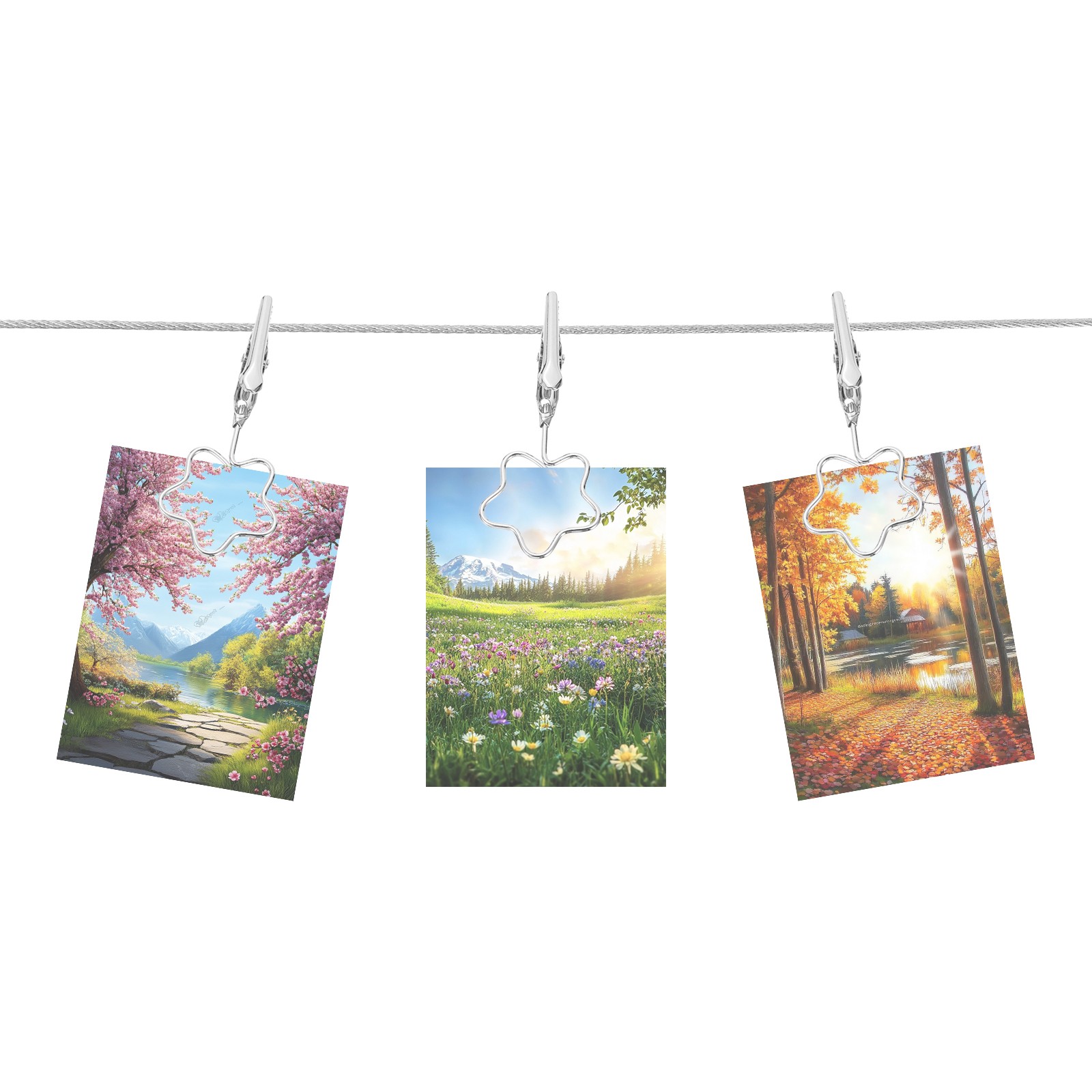 5Ft Wall Hanging Photo Display Cable Wire Rod with 10 Flower Clips, Silver