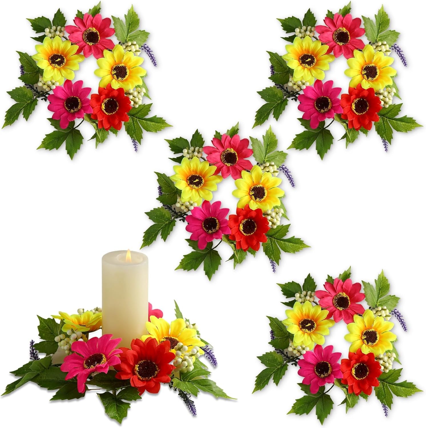 4 Pcs Spring Flower Candle Rings Artificial Floral Wreaths Summer Floral Pillar