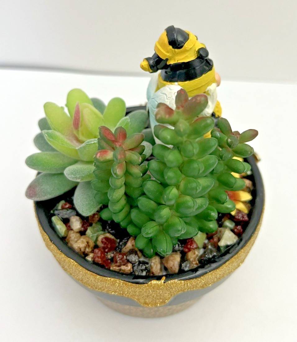 Handmade Gnome Planter Pot Fake Cactus Bumble Bee Theme Artificial Succulent
