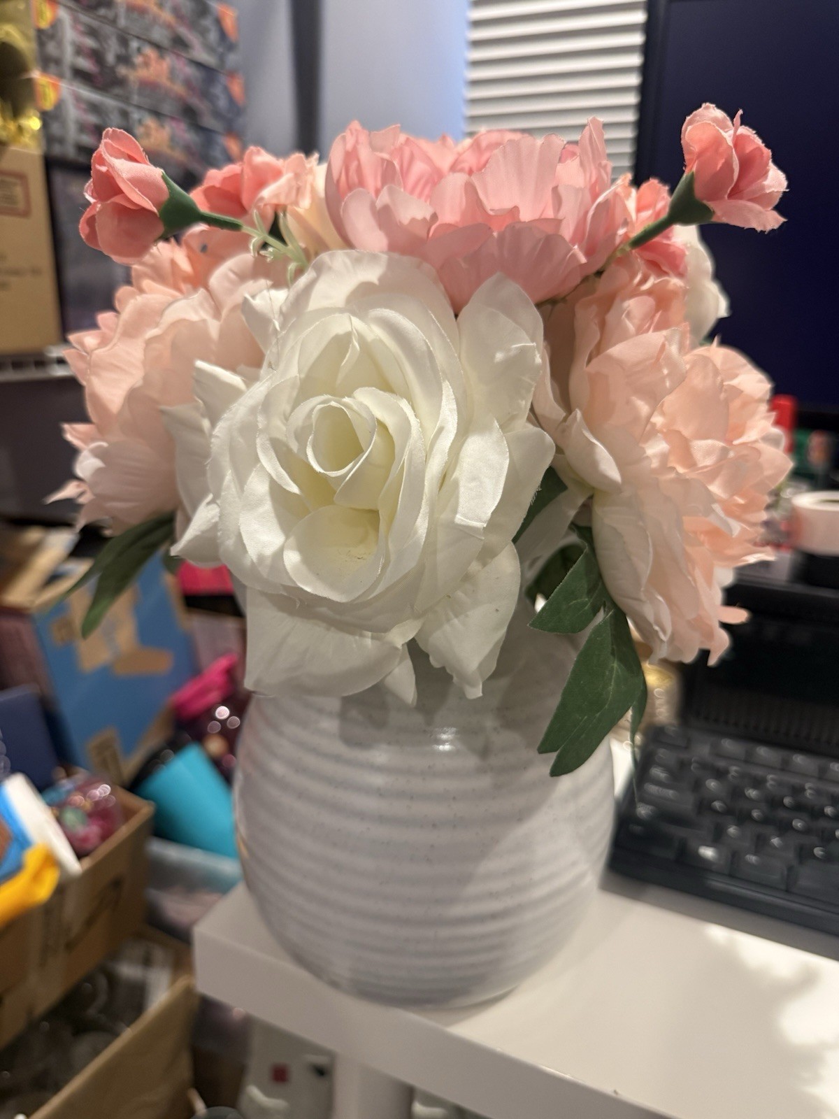 🌺 Artificial 🌹 Roses Peony Flowers Arrangement Double Handle Ceramic Vase 🆕